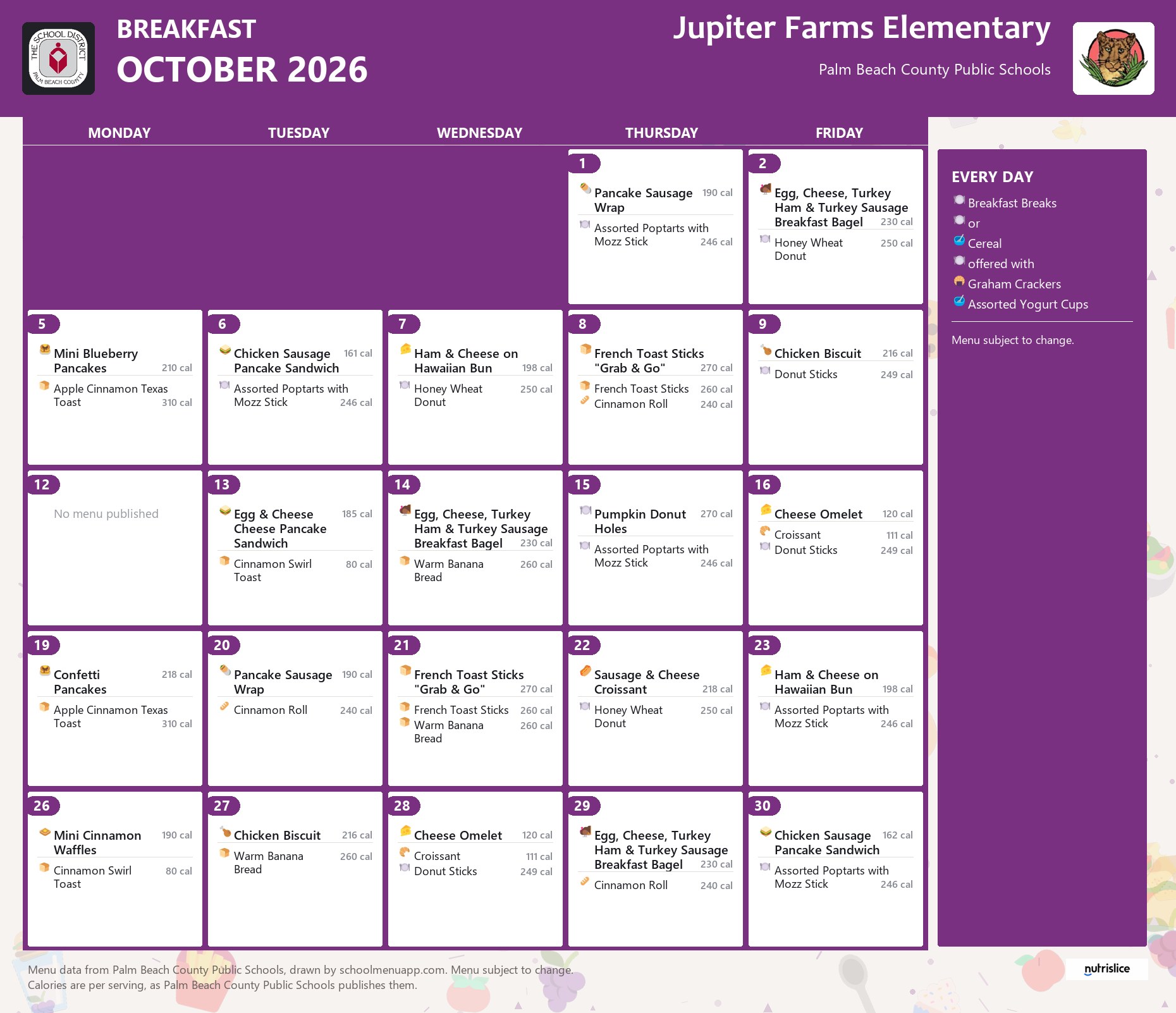 Jupiter Farms Elementary breakfast menu for October 2026, Palm Beach County Public Schools