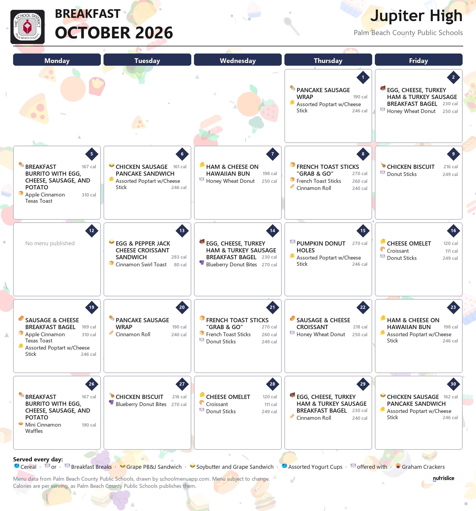 Jupiter High breakfast menu for October 2026, Palm Beach County Public Schools