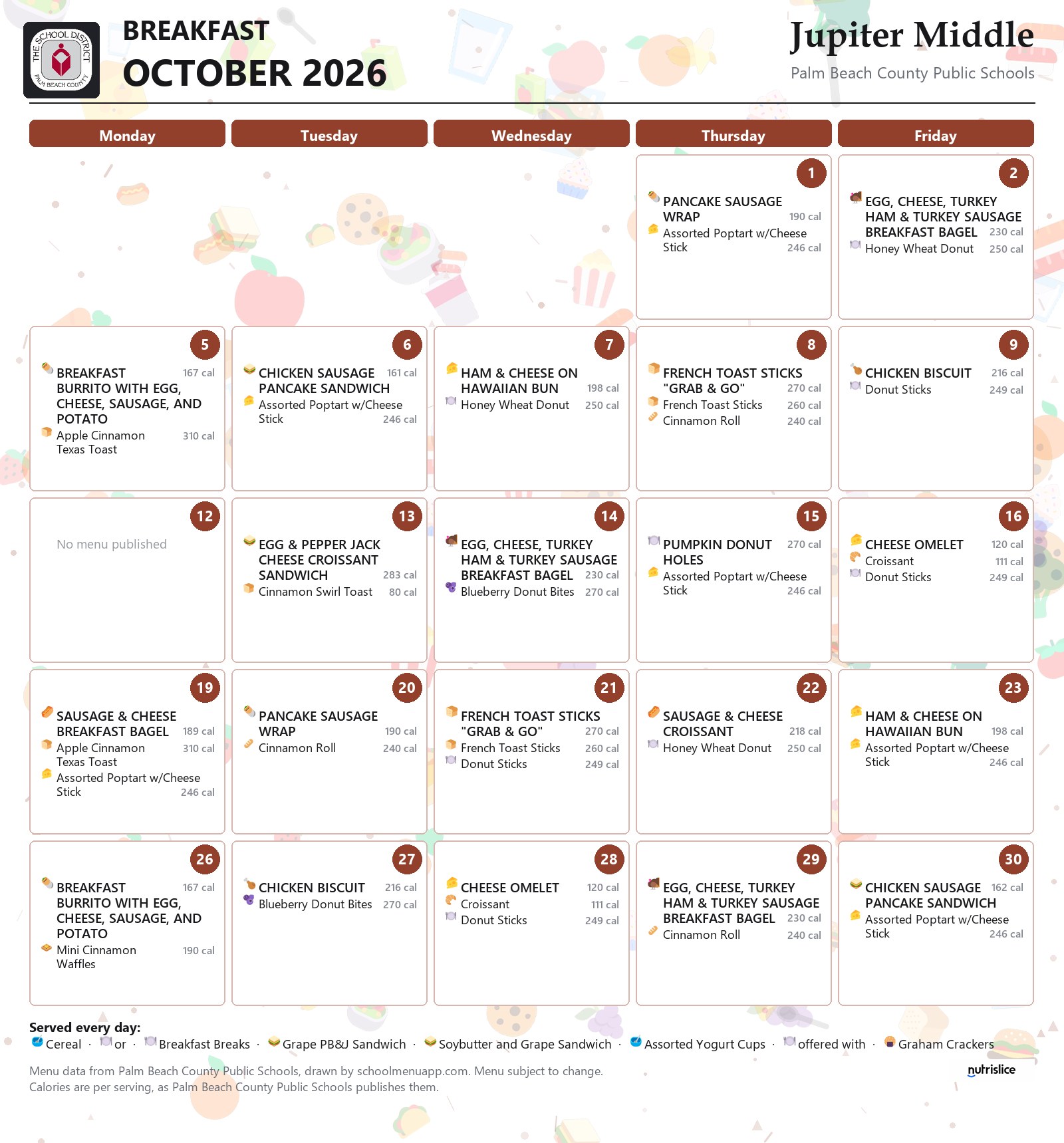 Jupiter Middle breakfast menu for October 2026, Palm Beach County Public Schools