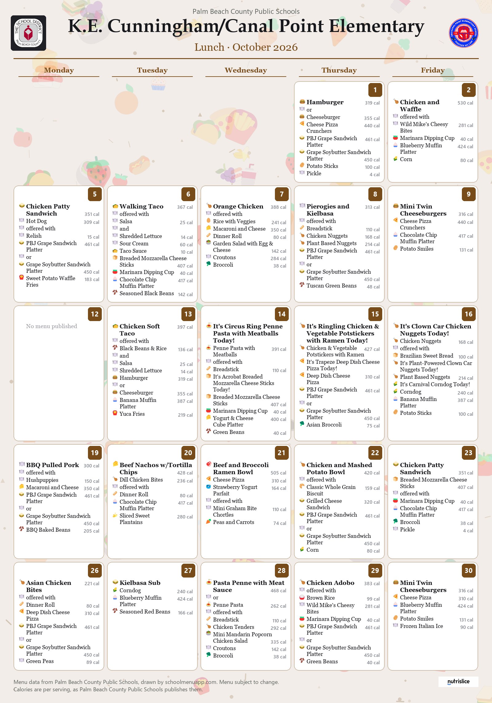 K.E. Cunningham/Canal Point Elementary lunch menu for October 2026, Palm Beach County Public Schools