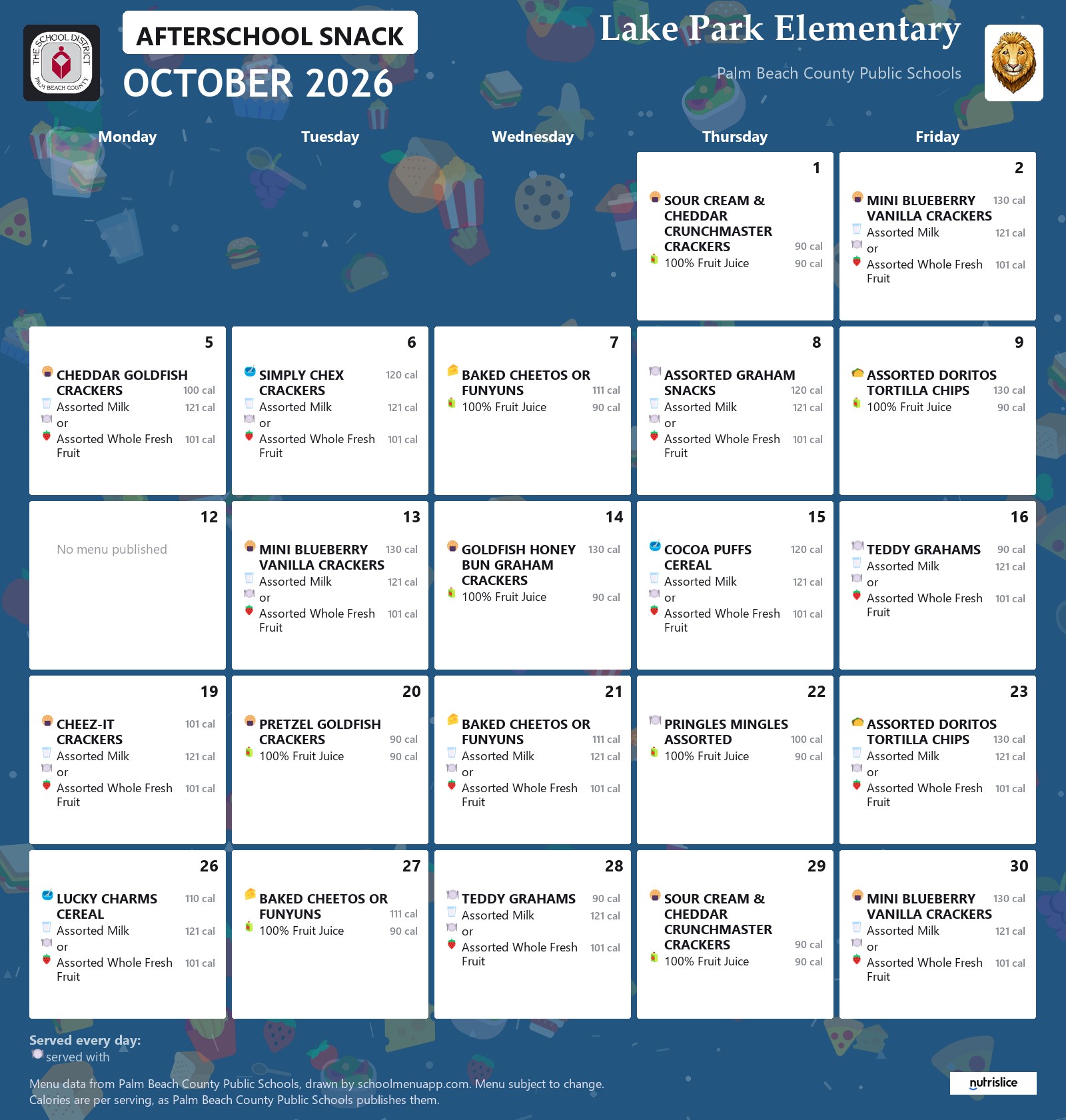 Lake Park Elementary afterschool snack menu for October 2026, Palm Beach County Public Schools