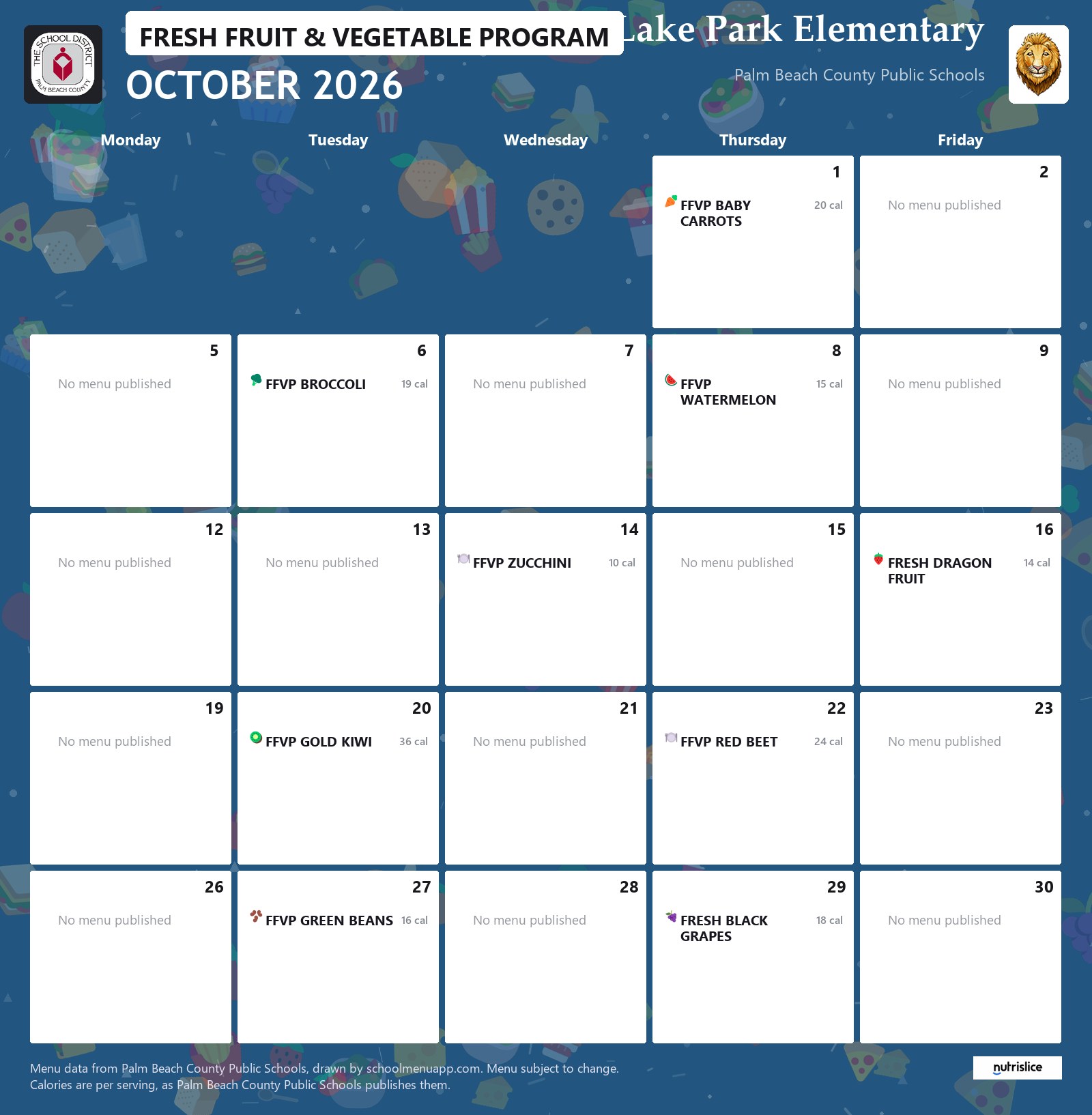 Lake Park Elementary fresh fruit & vegetable program menu for October 2026, Palm Beach County Public Schools