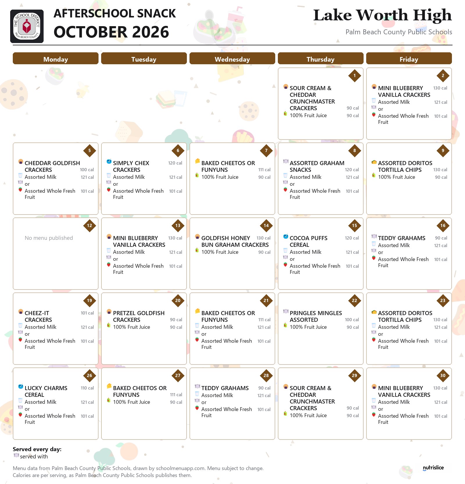 Lake Worth High afterschool snack menu for October 2026, Palm Beach County Public Schools