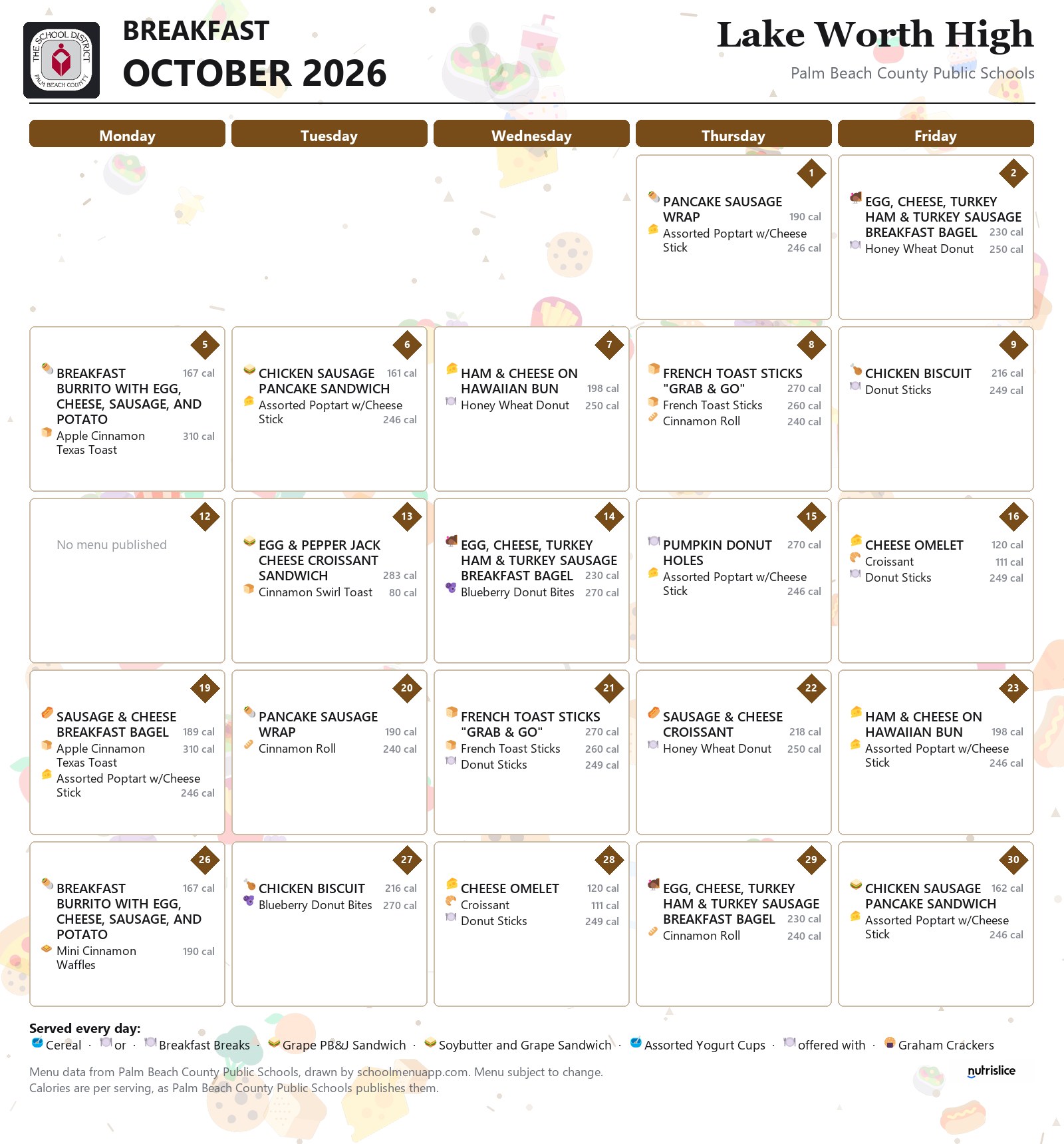 Lake Worth High breakfast menu for October 2026, Palm Beach County Public Schools