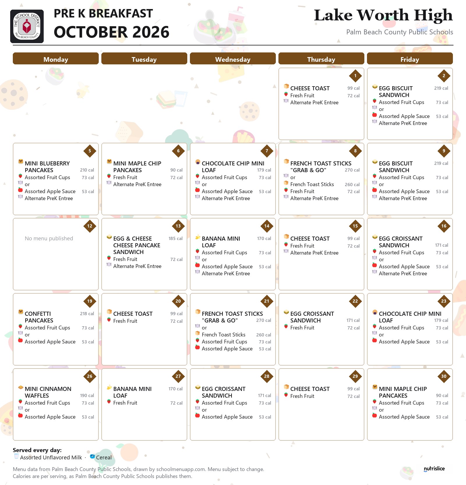 Lake Worth High pre k breakfast menu for October 2026, Palm Beach County Public Schools