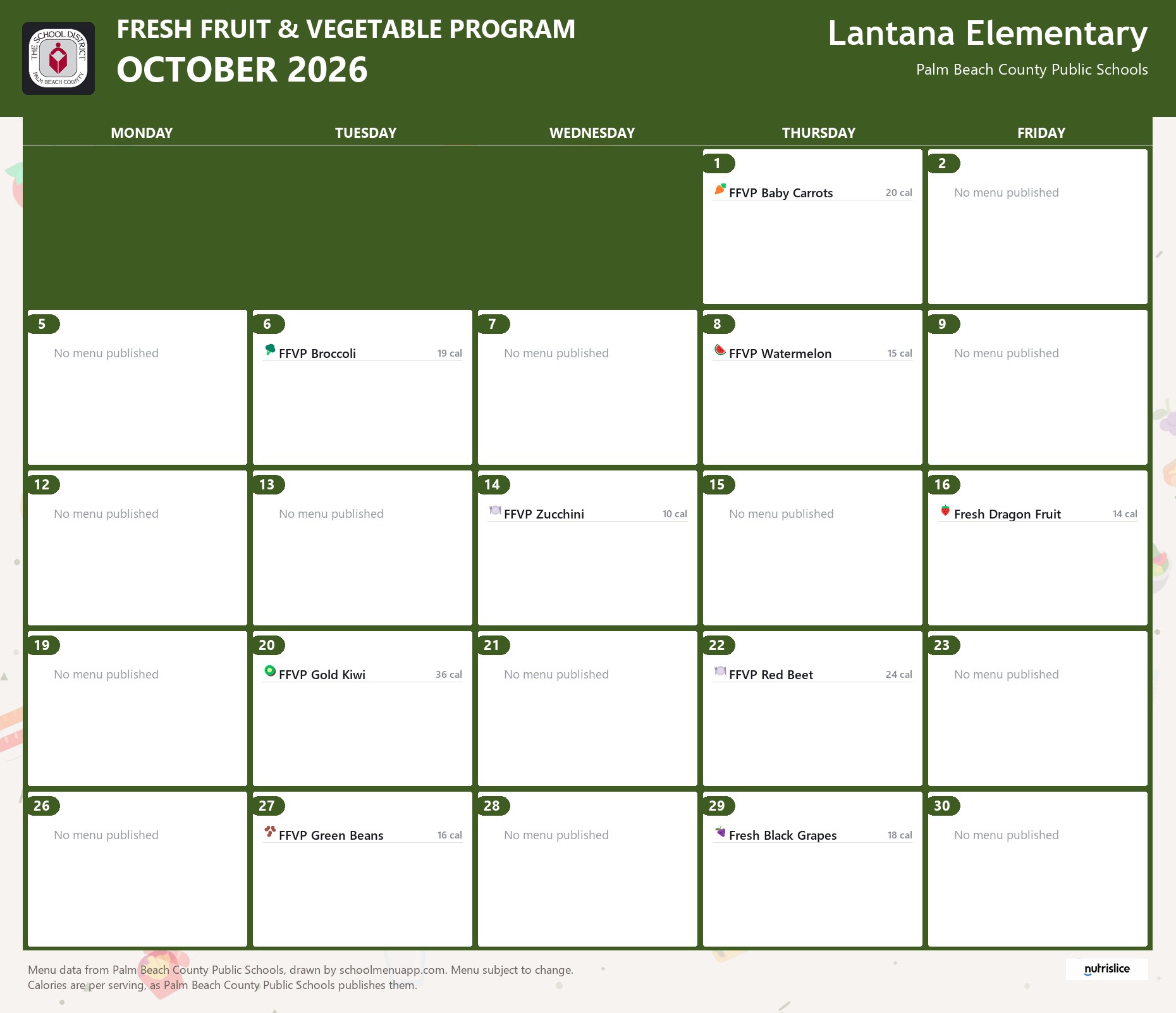 Lantana Elementary fresh fruit & vegetable program menu for October 2026, Palm Beach County Public Schools