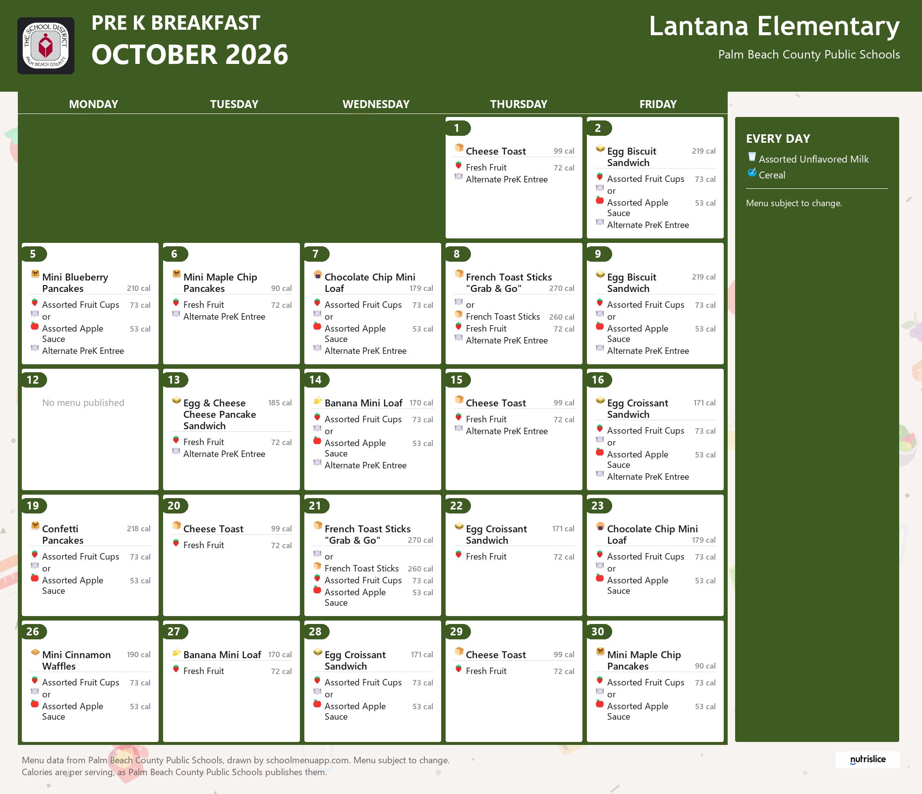 Lantana Elementary pre k breakfast menu for October 2026, Palm Beach County Public Schools
