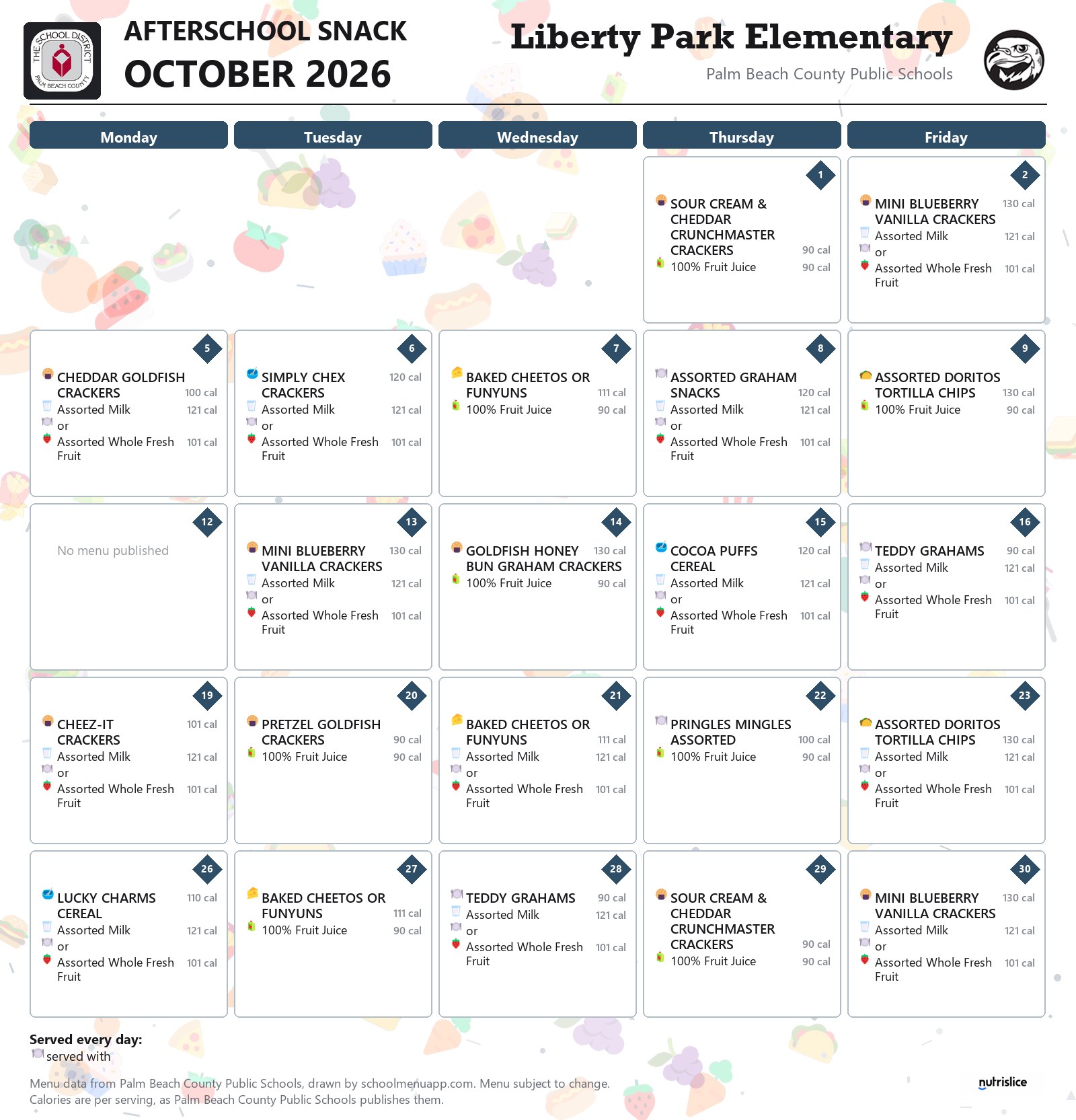 Liberty Park Elementary afterschool snack menu for October 2026, Palm Beach County Public Schools