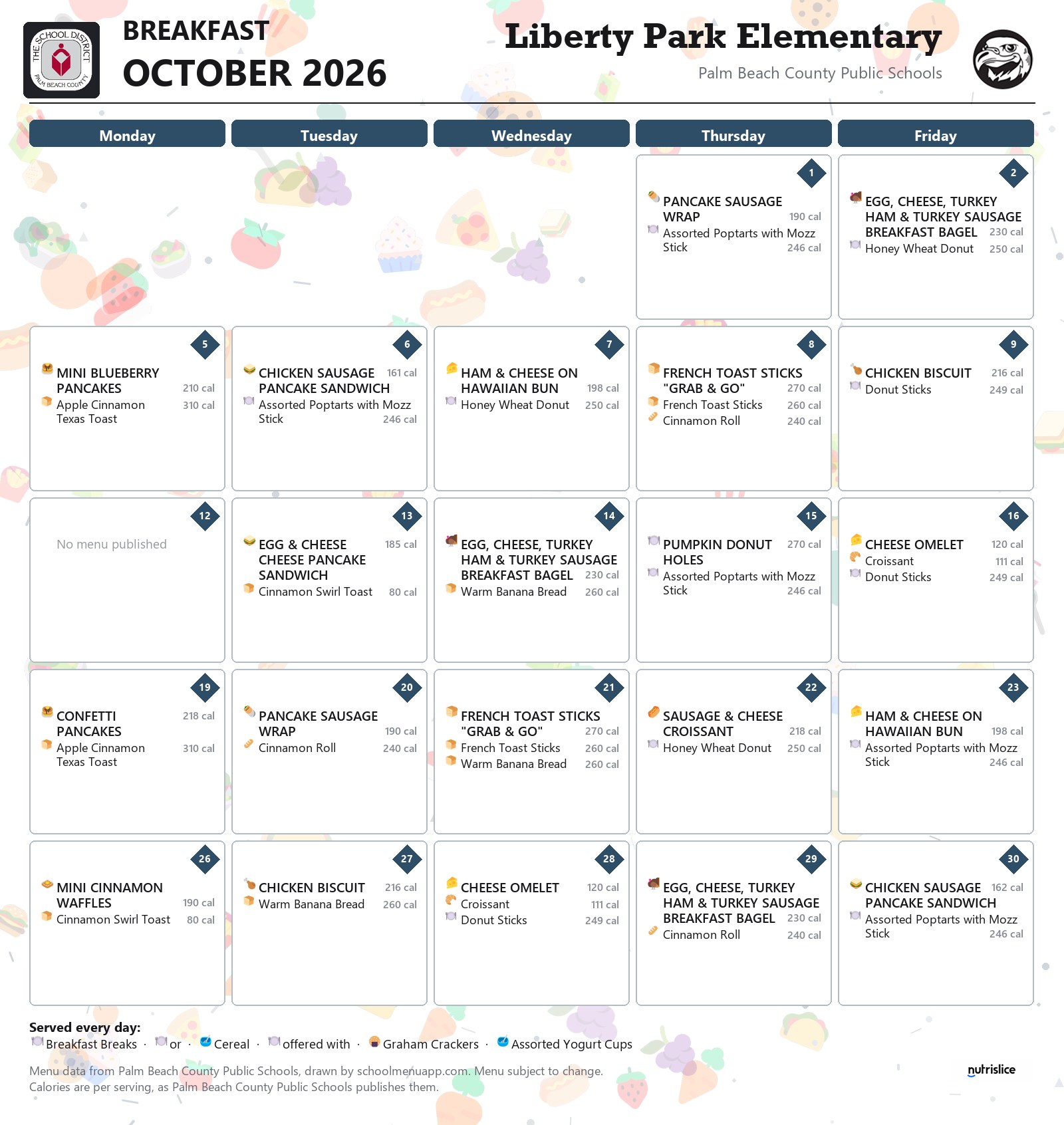 Liberty Park Elementary breakfast menu for October 2026, Palm Beach County Public Schools