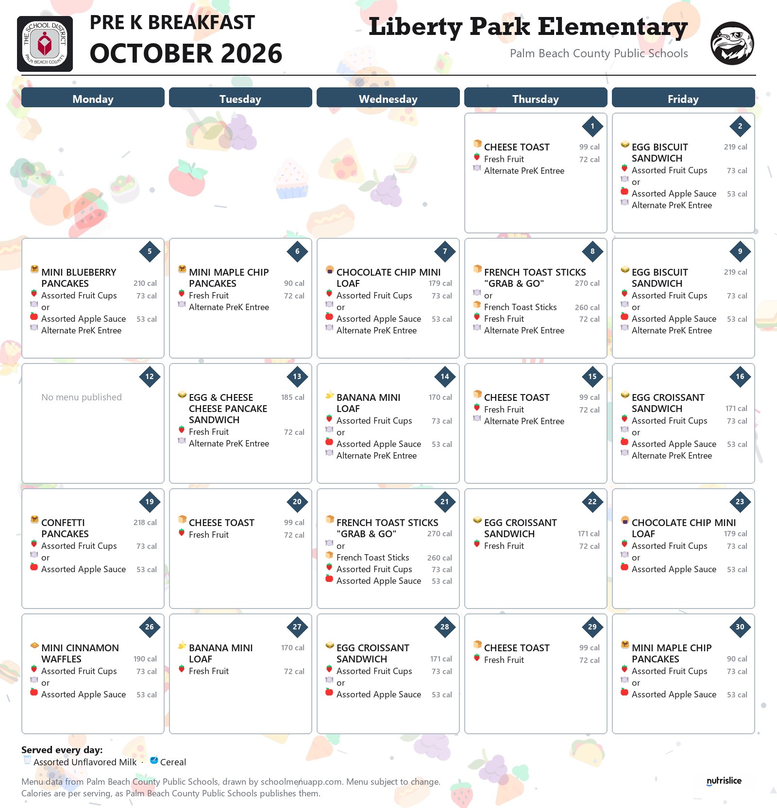 Liberty Park Elementary pre k breakfast menu for October 2026, Palm Beach County Public Schools