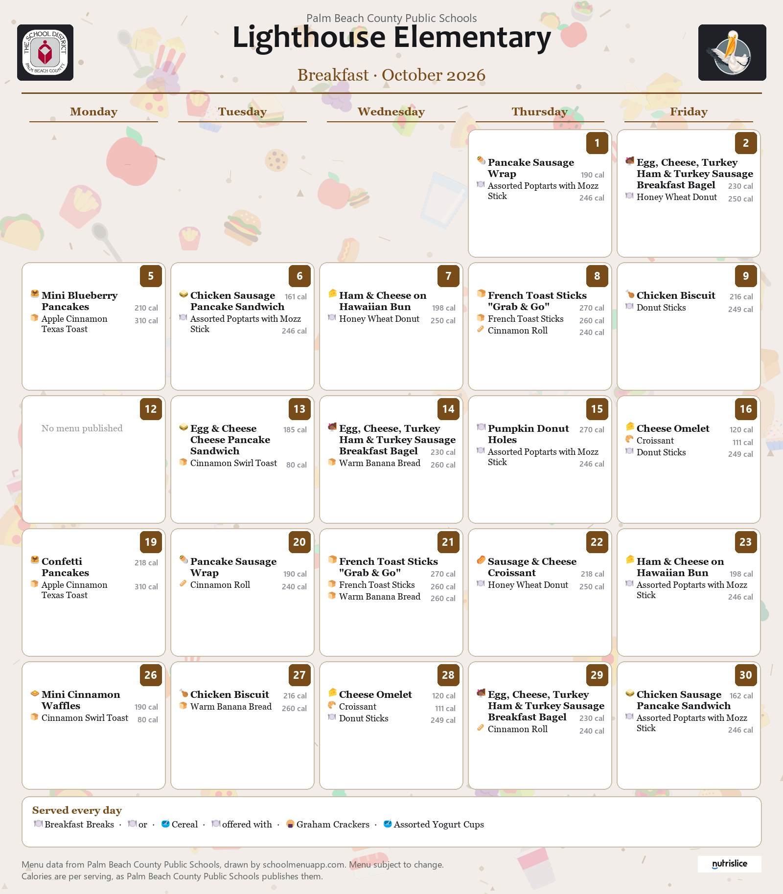 Lighthouse Elementary breakfast menu for October 2026, Palm Beach County Public Schools