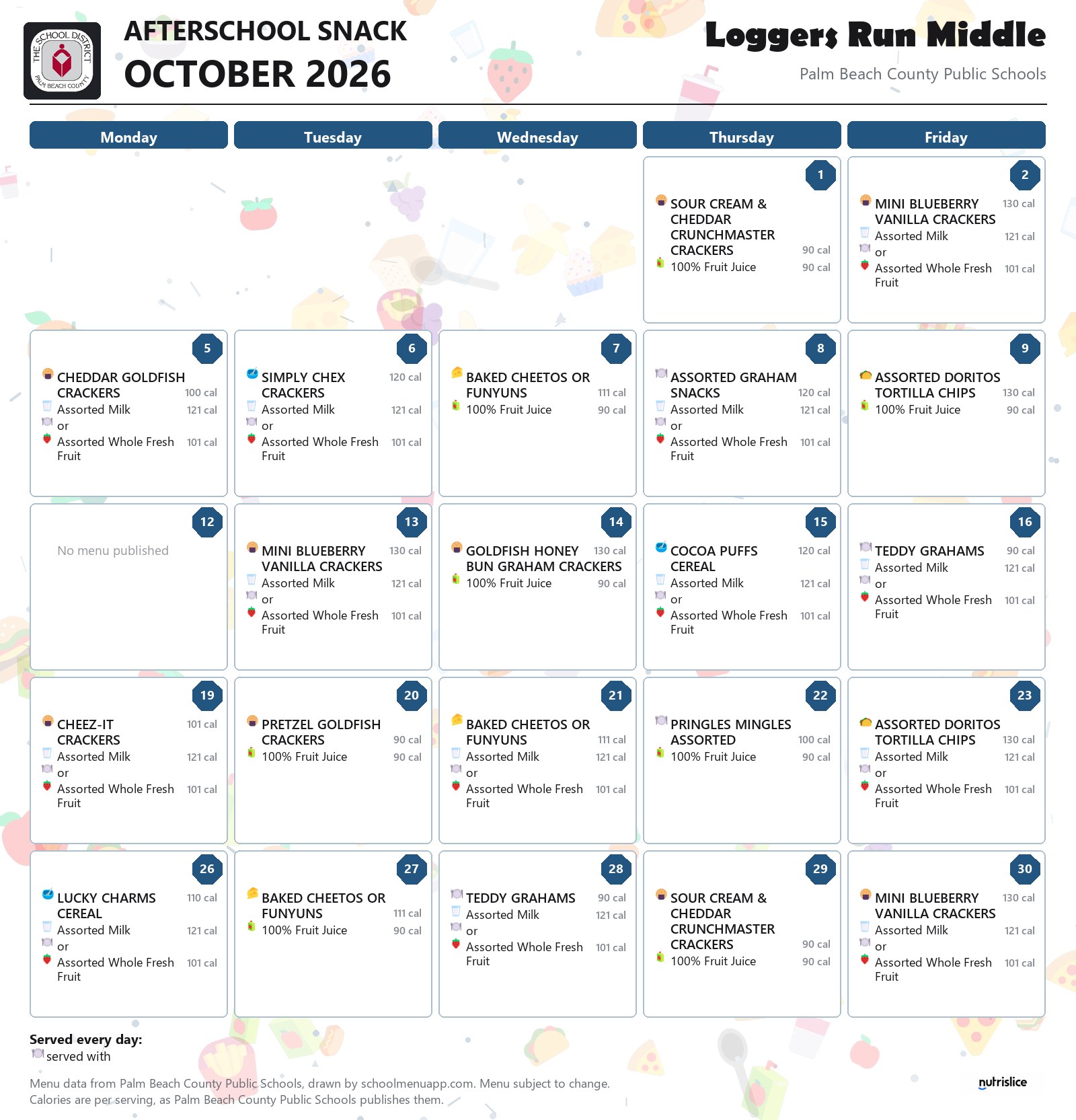 Loggers Run Middle afterschool snack menu for October 2026, Palm Beach County Public Schools