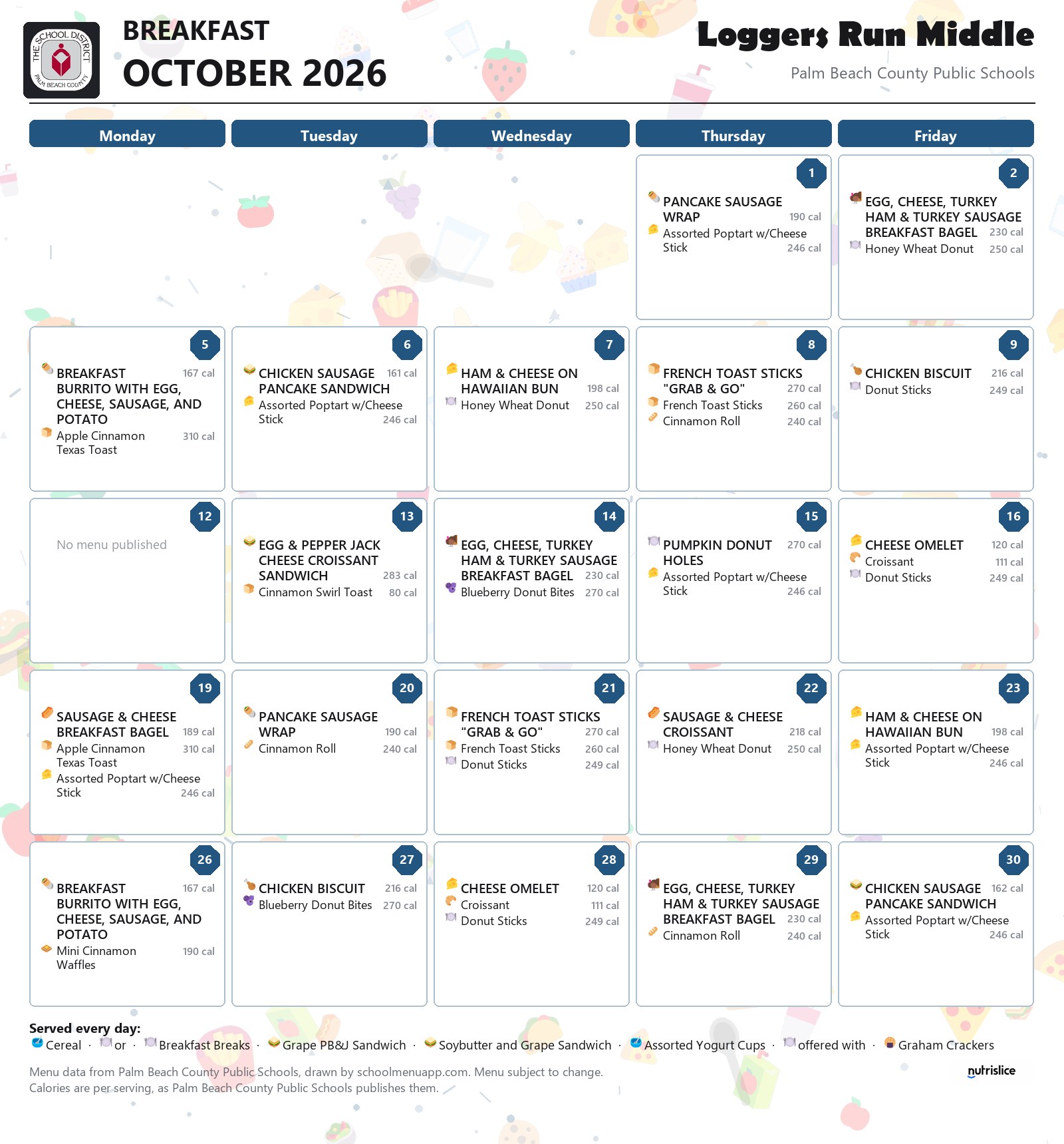 Loggers Run Middle breakfast menu for October 2026, Palm Beach County Public Schools