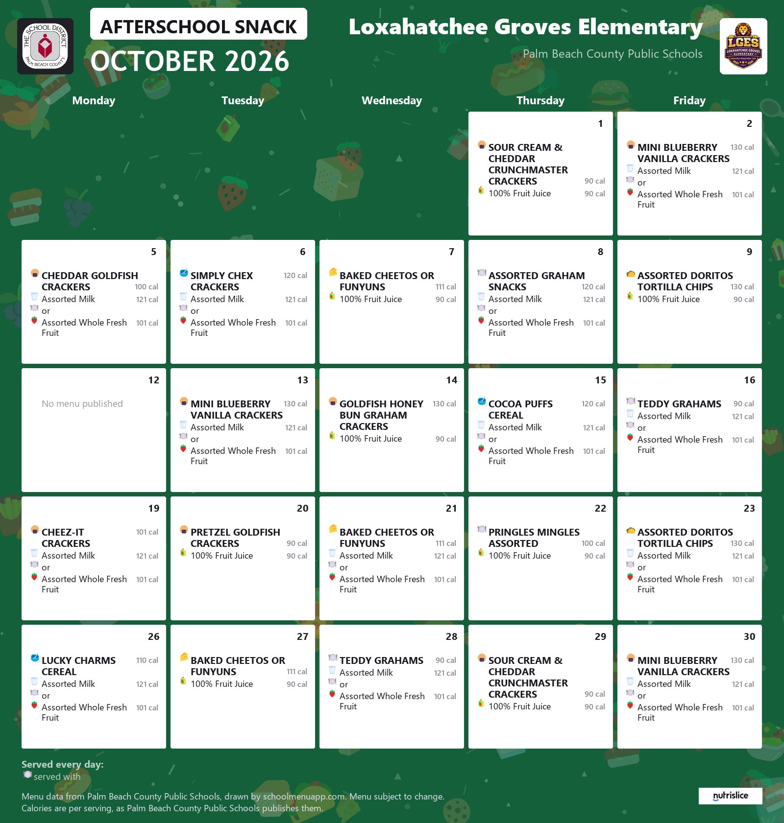 Loxahatchee Groves Elementary afterschool snack menu for October 2026, Palm Beach County Public Schools