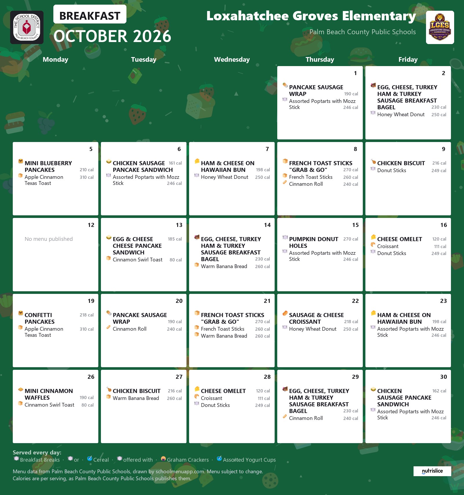 Loxahatchee Groves Elementary breakfast menu for October 2026, Palm Beach County Public Schools