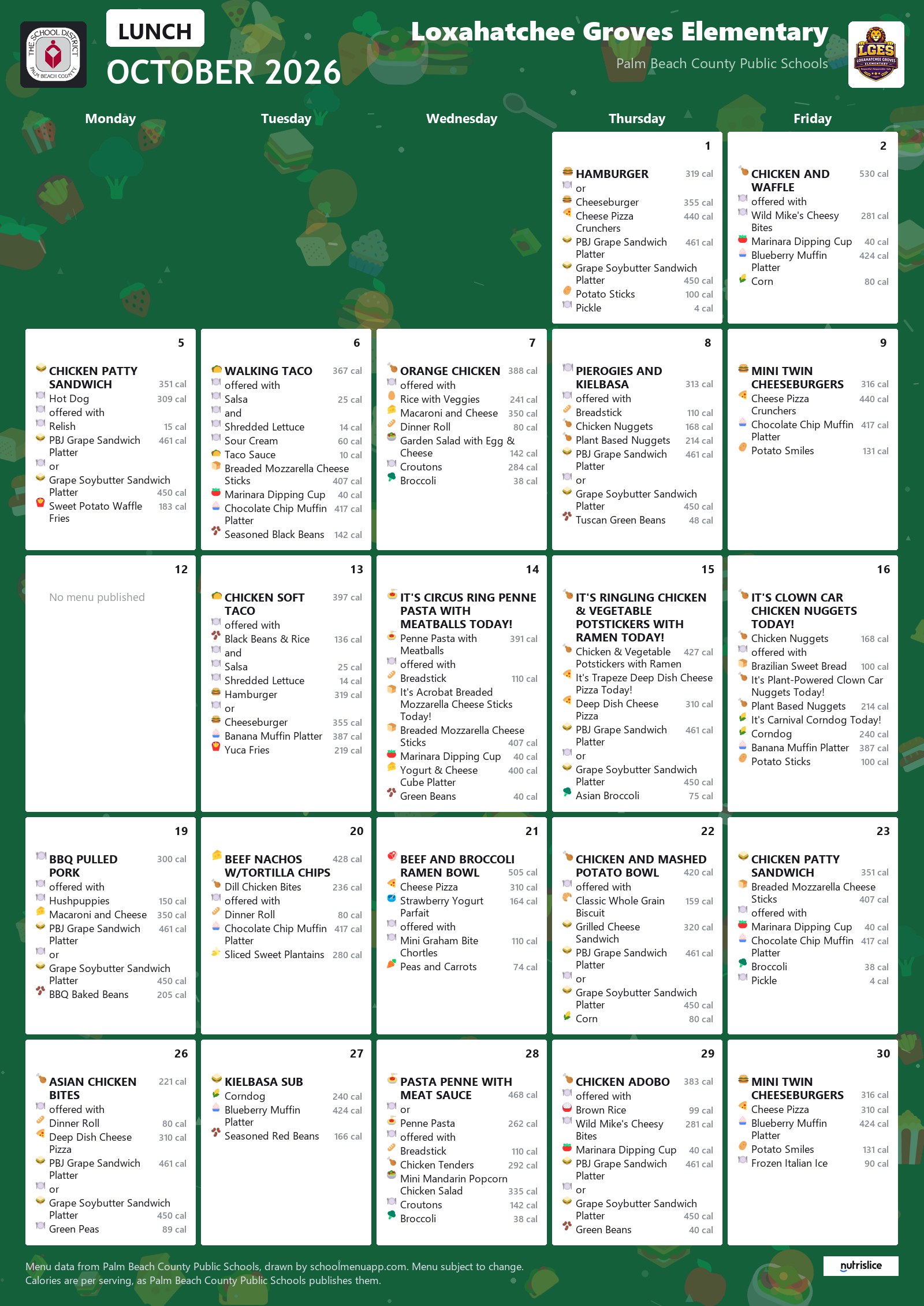 Loxahatchee Groves Elementary lunch menu for October 2026, Palm Beach County Public Schools