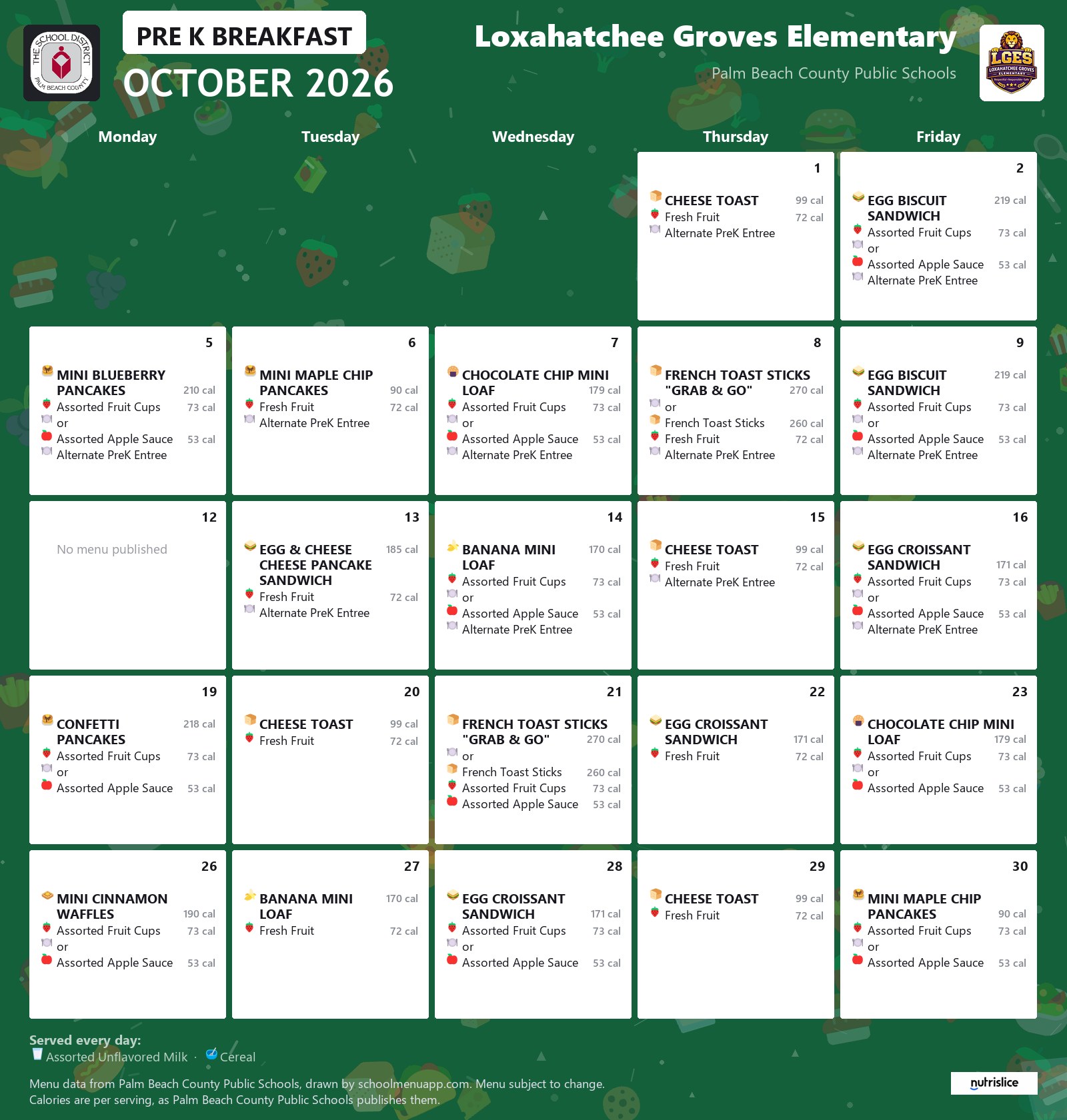 Loxahatchee Groves Elementary pre k breakfast menu for October 2026, Palm Beach County Public Schools