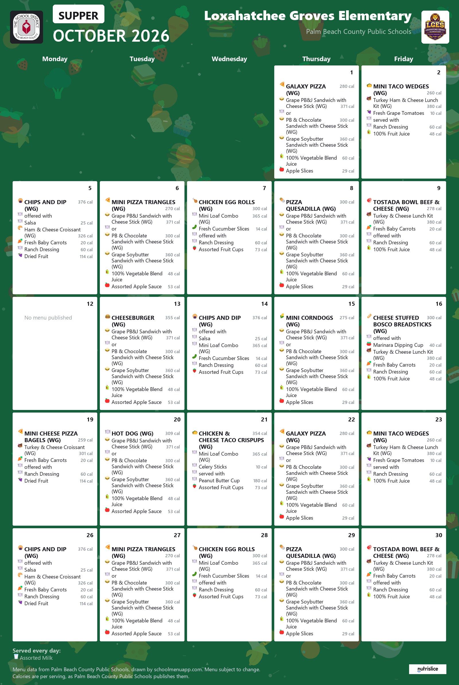 Loxahatchee Groves Elementary supper menu for October 2026, Palm Beach County Public Schools