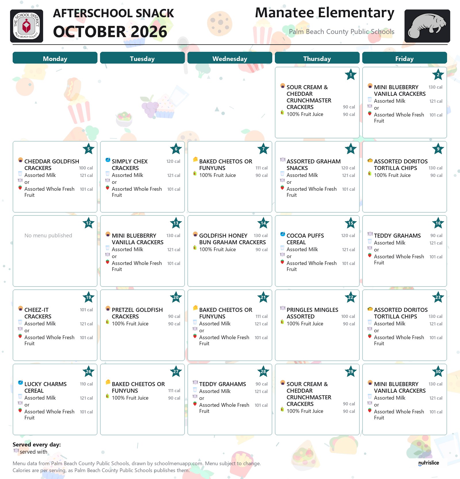 Manatee Elementary afterschool snack menu for October 2026, Palm Beach County Public Schools