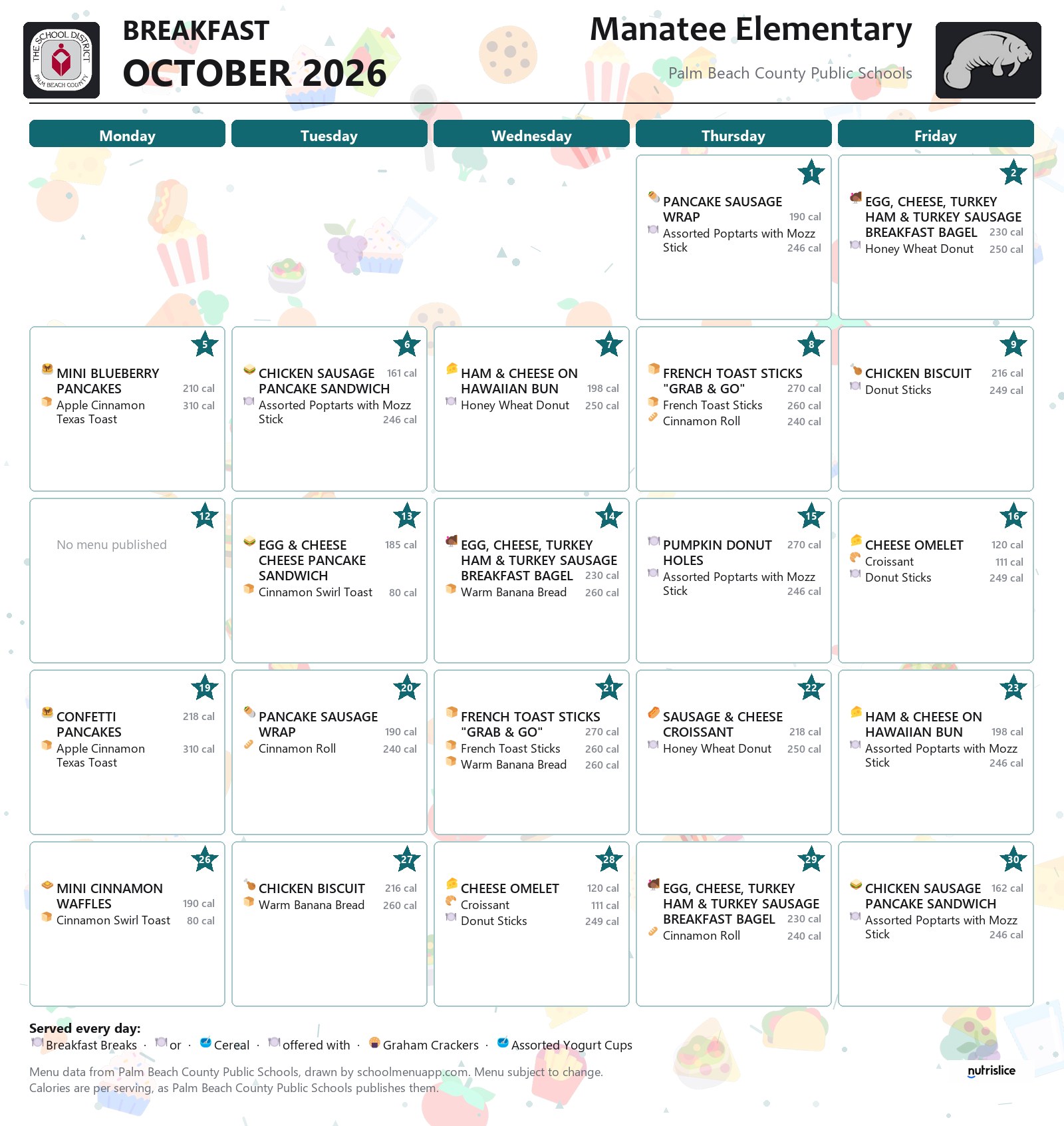 Manatee Elementary breakfast menu for October 2026, Palm Beach County Public Schools