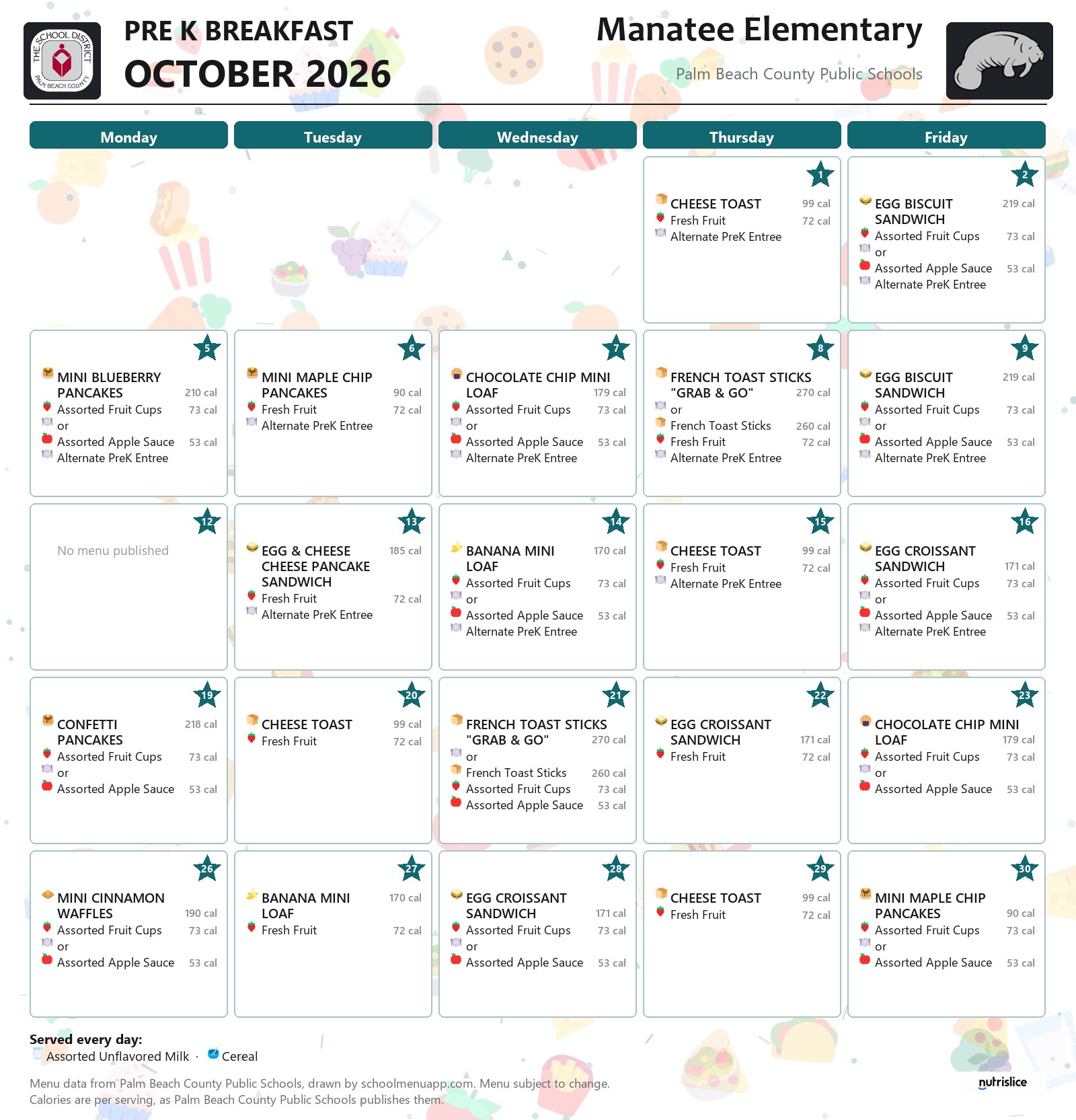 Manatee Elementary pre k breakfast menu for October 2026, Palm Beach County Public Schools
