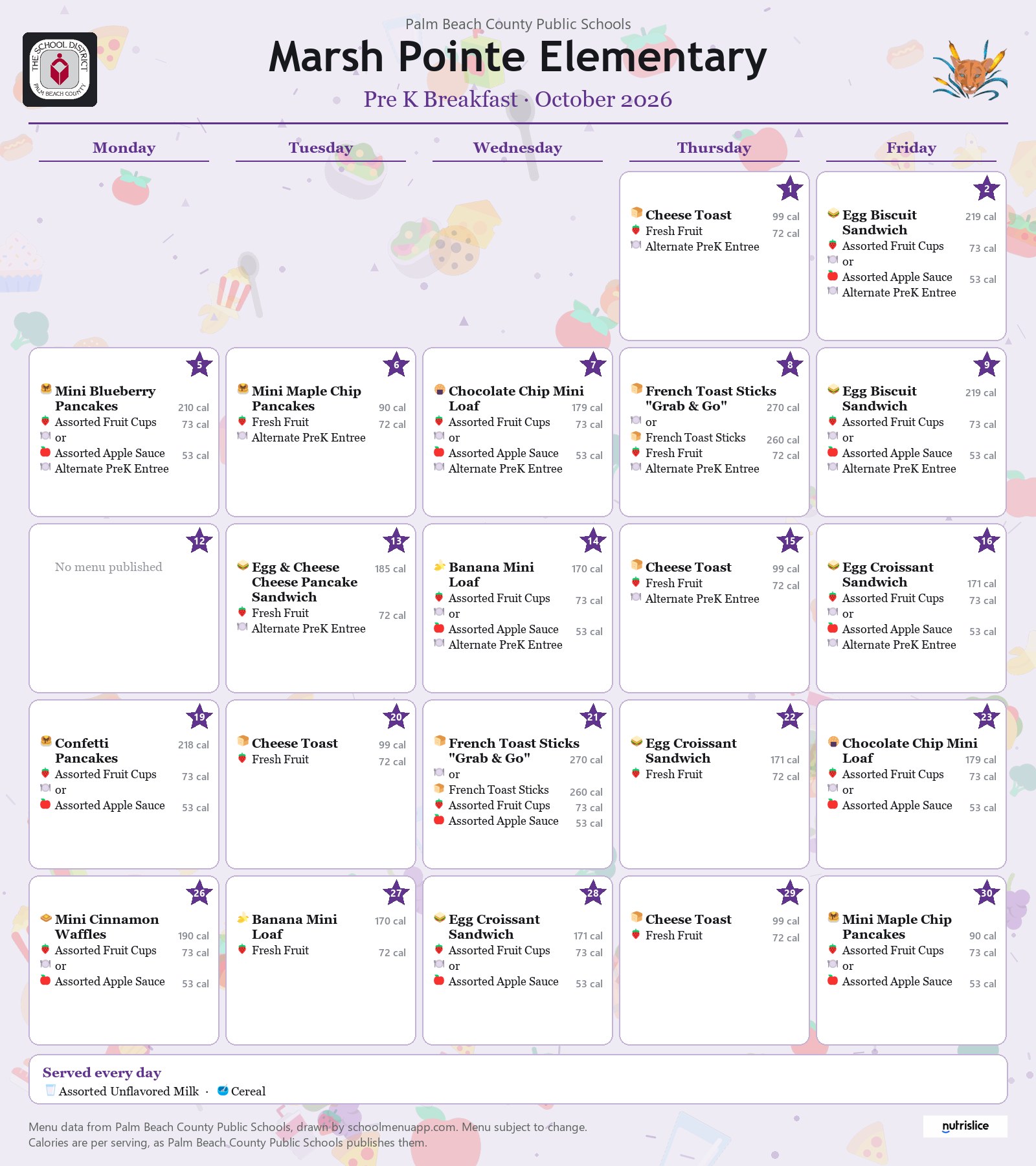 Marsh Pointe Elementary pre k breakfast menu for October 2026, Palm Beach County Public Schools