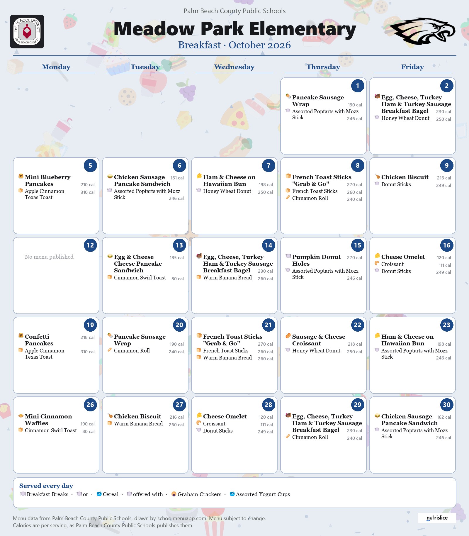 Meadow Park Elementary breakfast menu for October 2026, Palm Beach County Public Schools