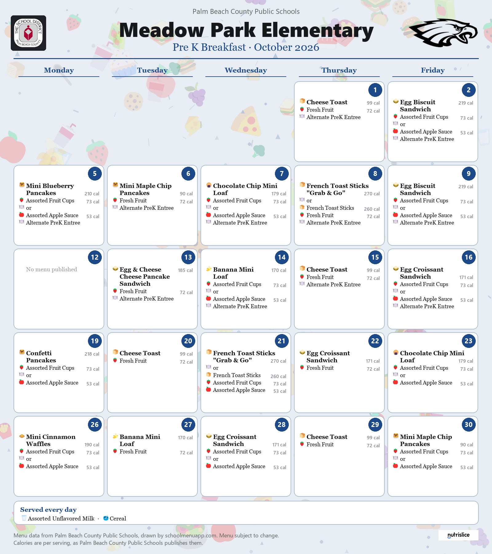 Meadow Park Elementary pre k breakfast menu for October 2026, Palm Beach County Public Schools