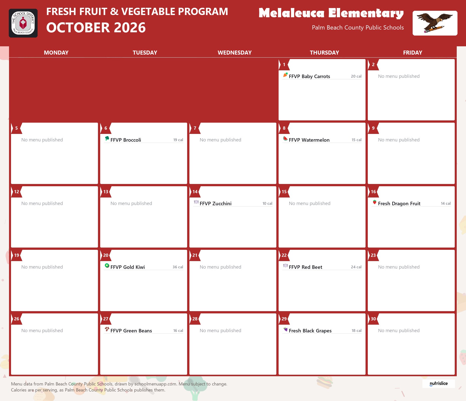Melaleuca Elementary fresh fruit & vegetable program menu for October 2026, Palm Beach County Public Schools