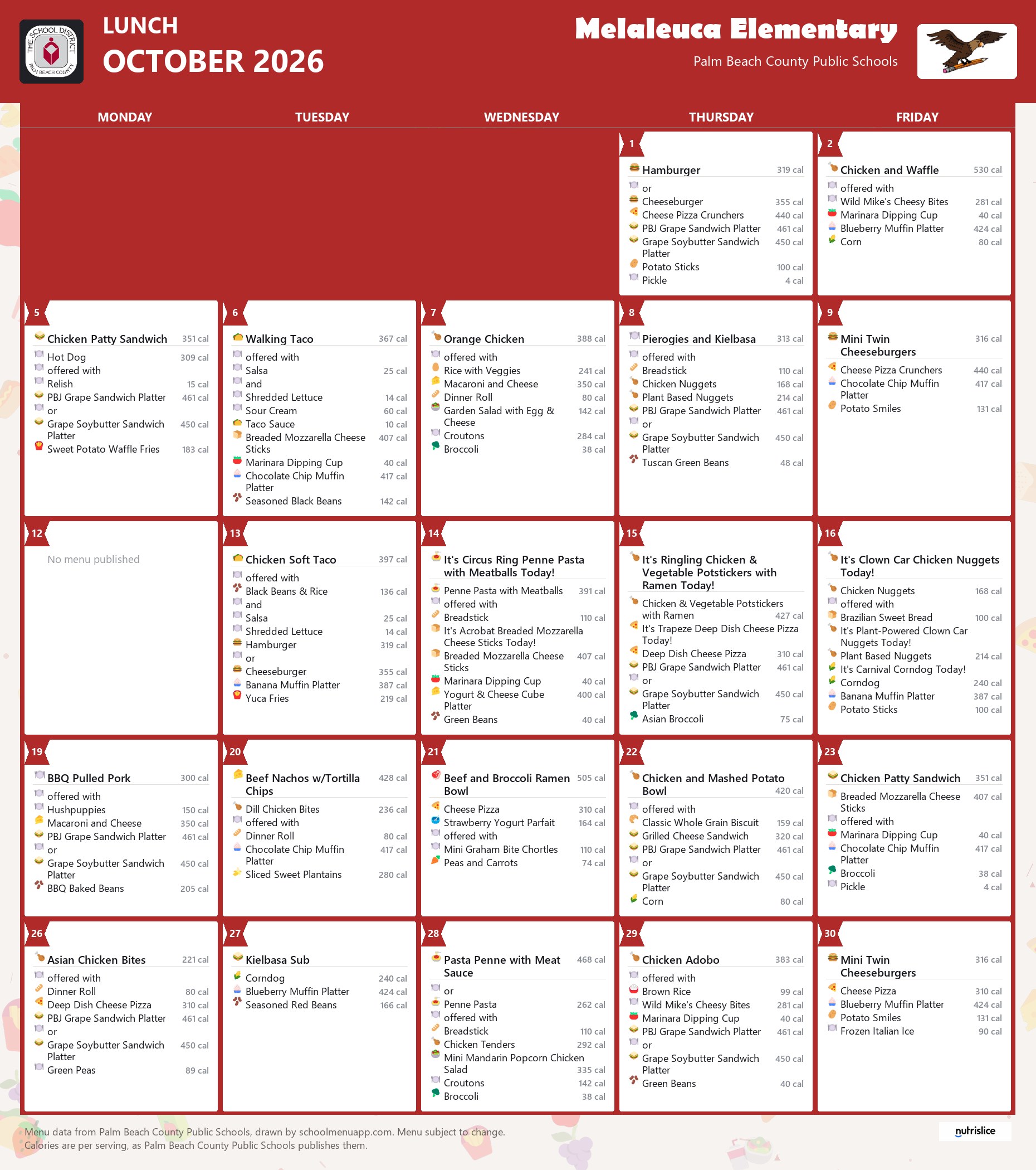 Melaleuca Elementary lunch menu for October 2026, Palm Beach County Public Schools