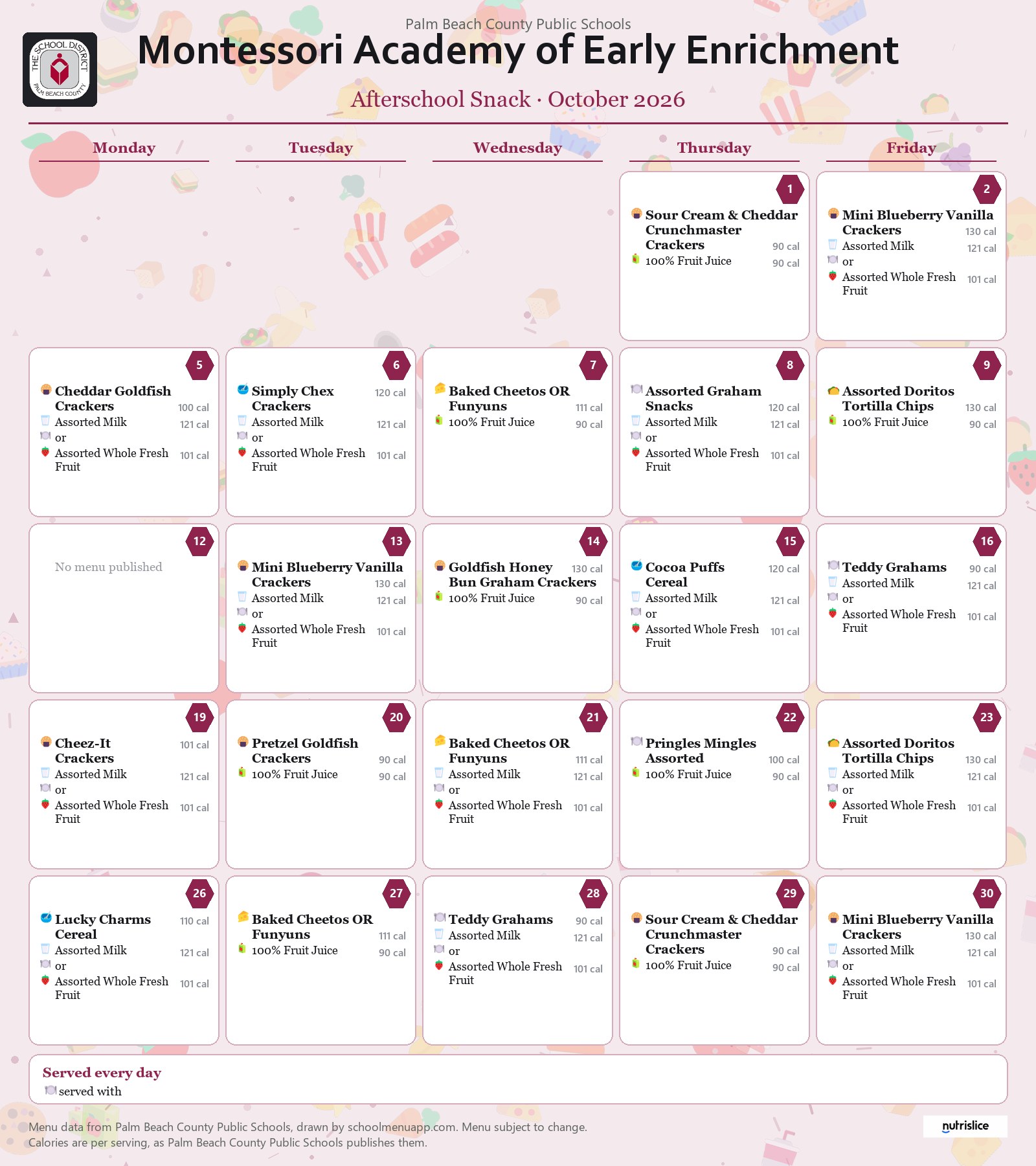 Montessori Academy of Early Enrichment afterschool snack menu for October 2026, Palm Beach County Public Schools