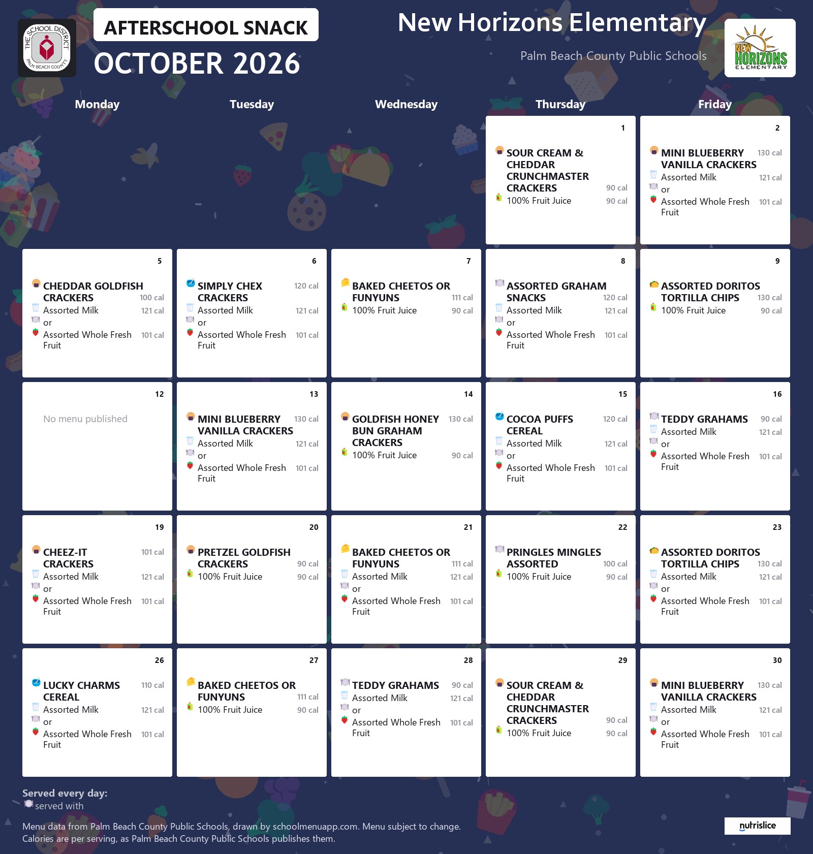 New Horizons Elementary afterschool snack menu for October 2026, Palm Beach County Public Schools