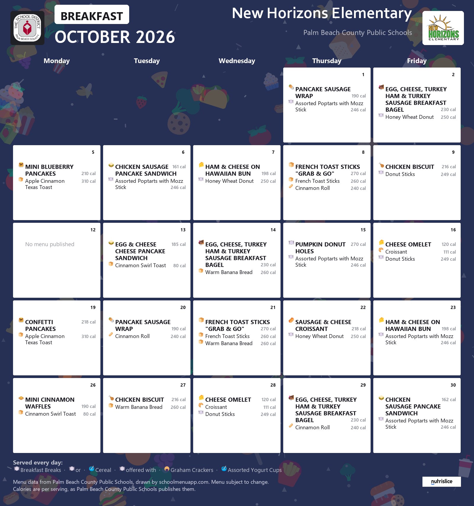 New Horizons Elementary breakfast menu for October 2026, Palm Beach County Public Schools