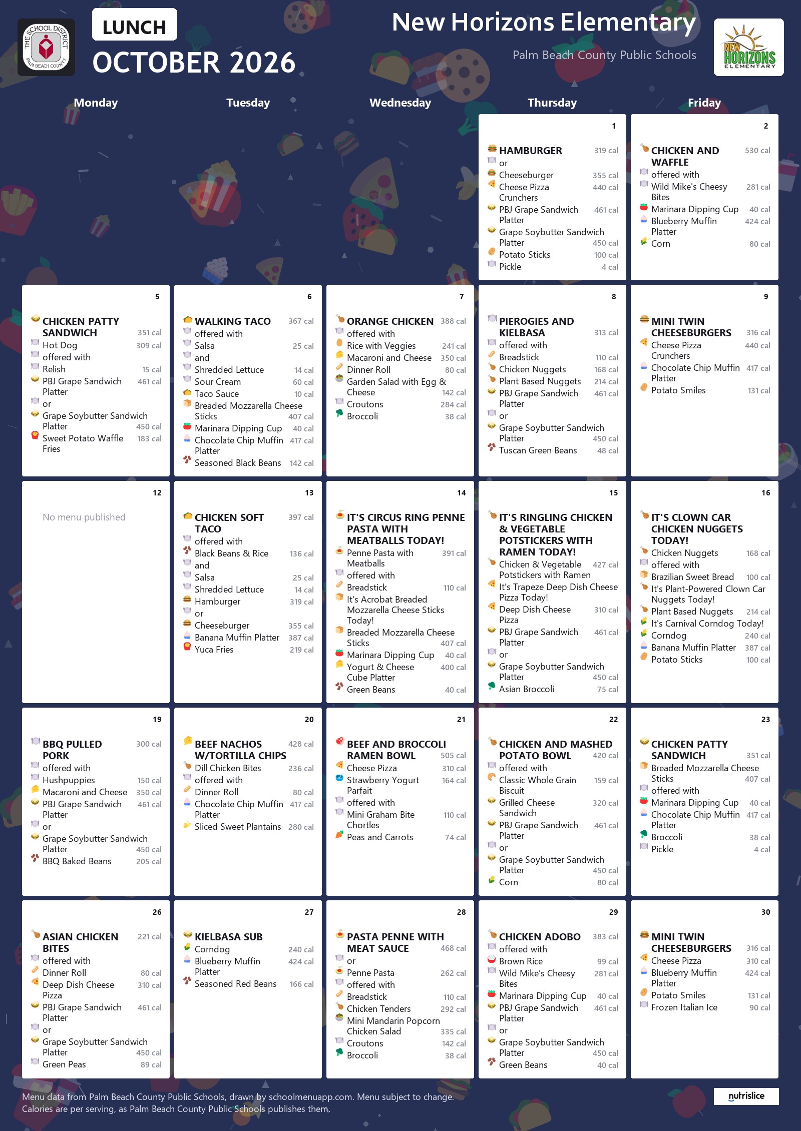 New Horizons Elementary lunch menu for October 2026, Palm Beach County Public Schools