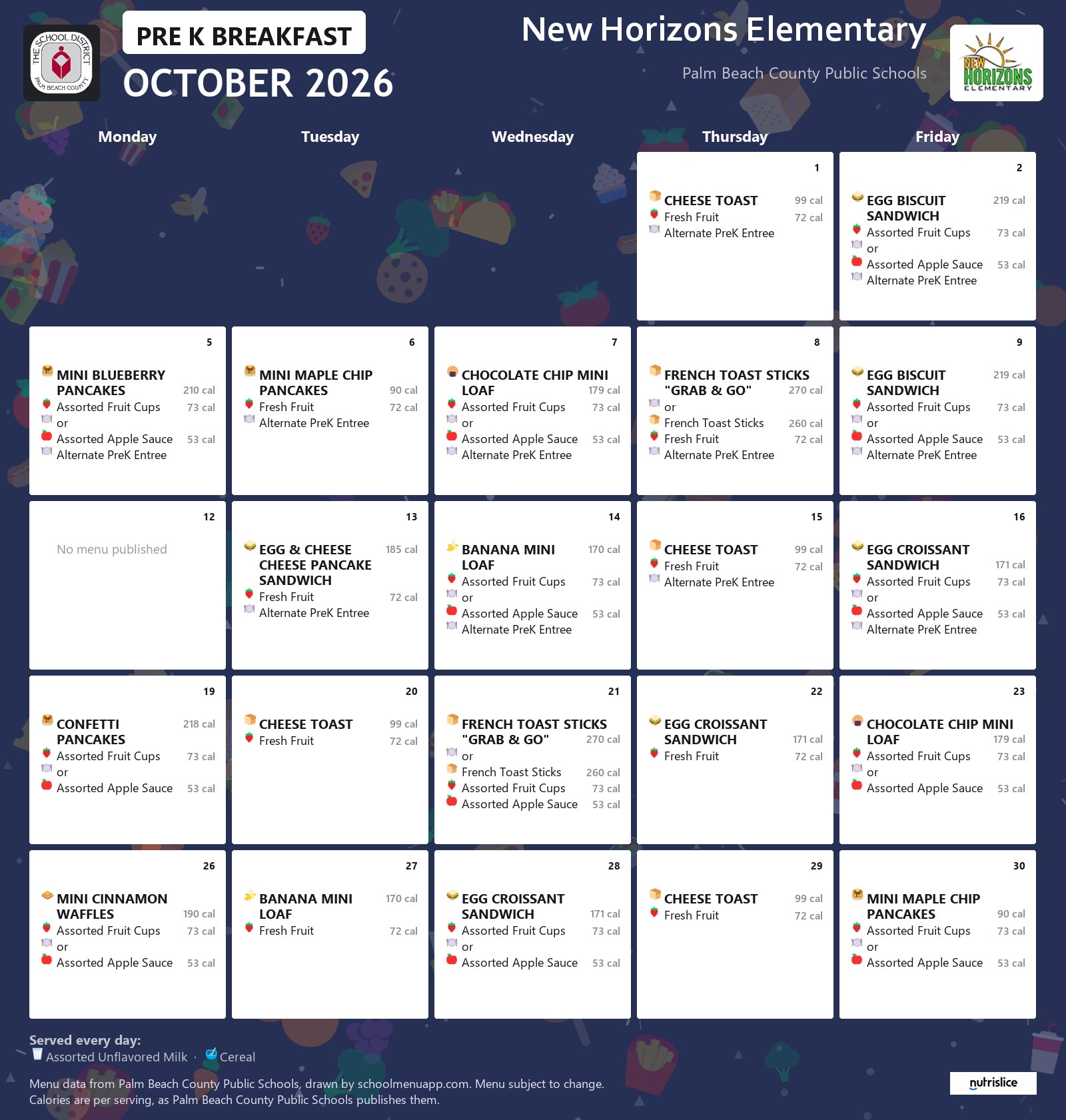 New Horizons Elementary pre k breakfast menu for October 2026, Palm Beach County Public Schools