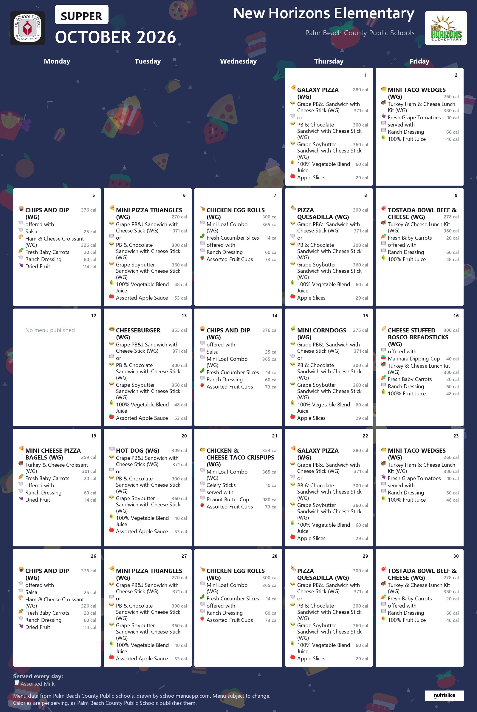 New Horizons Elementary supper menu for October 2026, Palm Beach County Public Schools