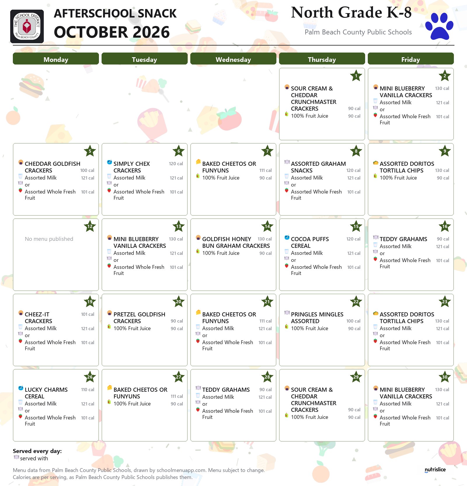 North Grade K-8 afterschool snack menu for October 2026, Palm Beach County Public Schools