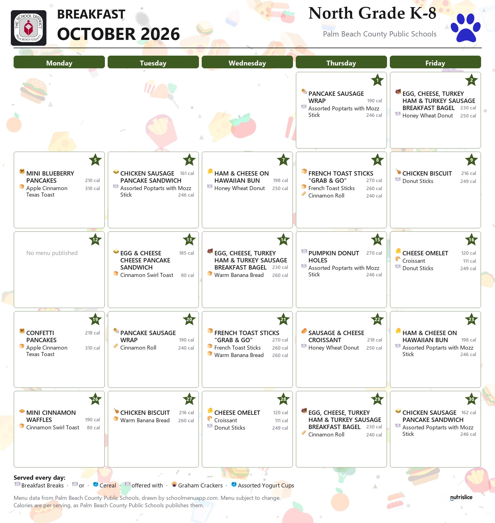 North Grade K-8 breakfast menu for October 2026, Palm Beach County Public Schools