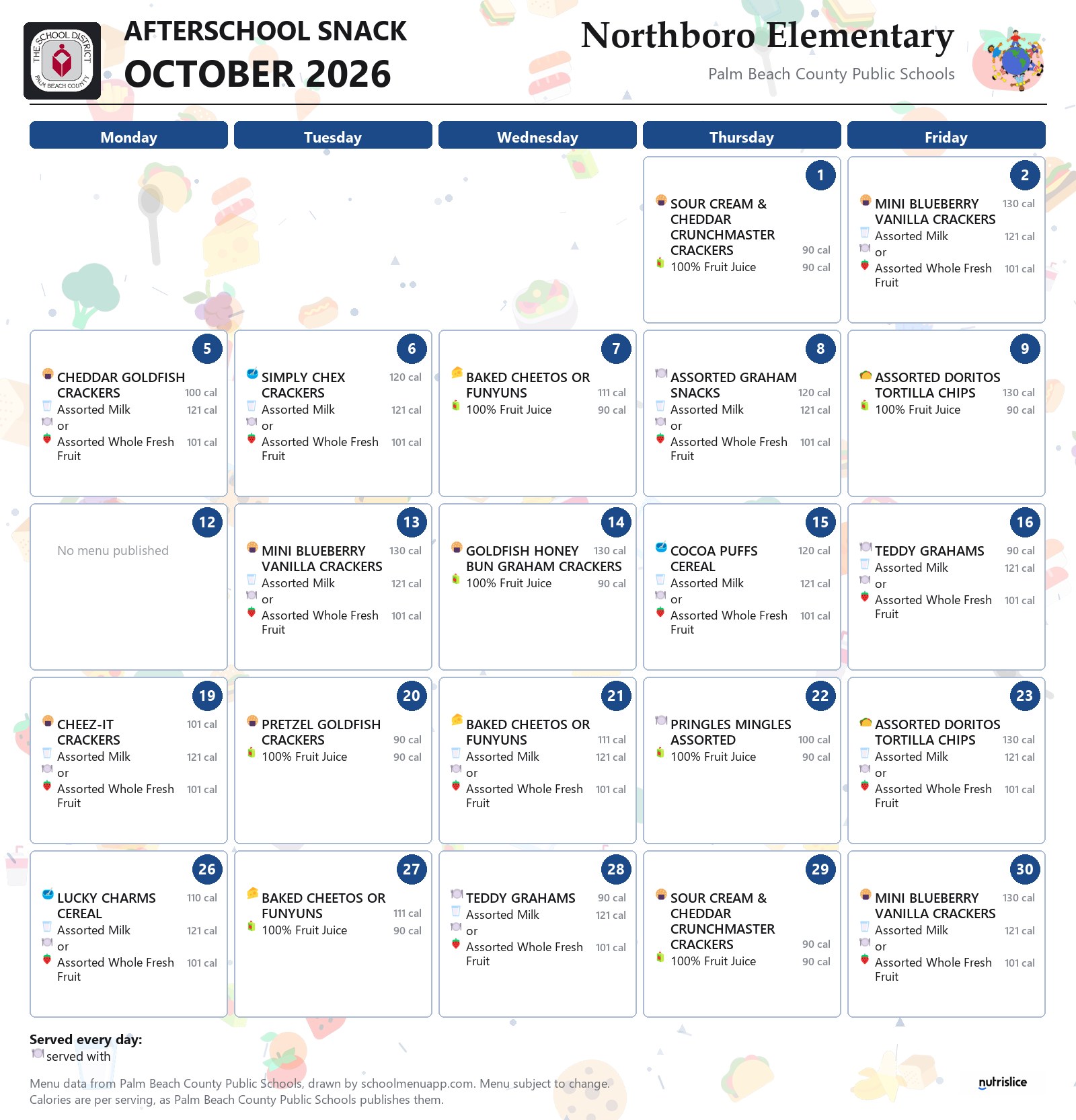 Northboro Elementary afterschool snack menu for October 2026, Palm Beach County Public Schools