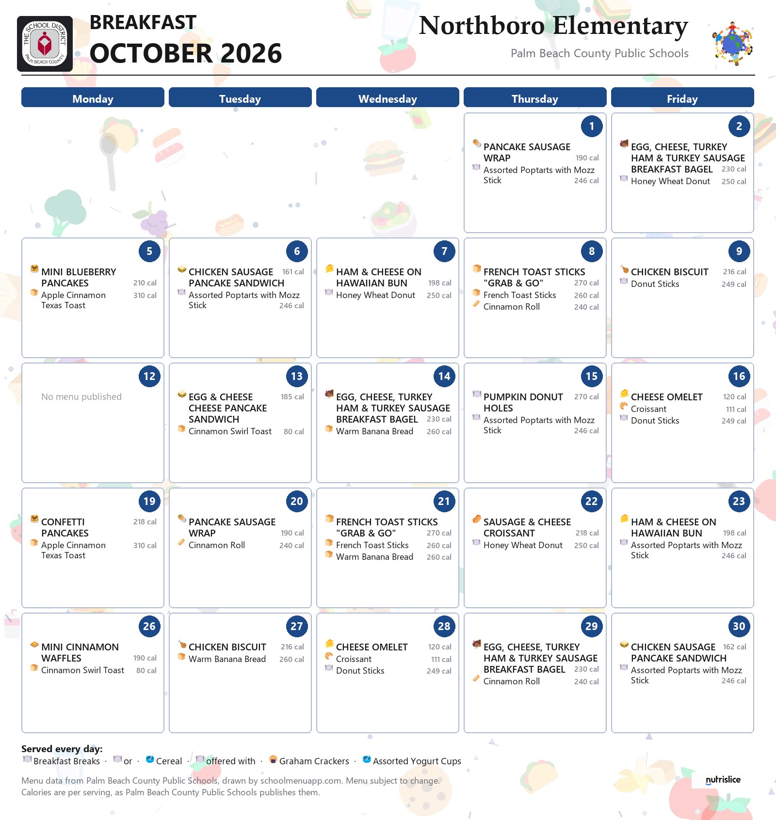 Northboro Elementary breakfast menu for October 2026, Palm Beach County Public Schools
