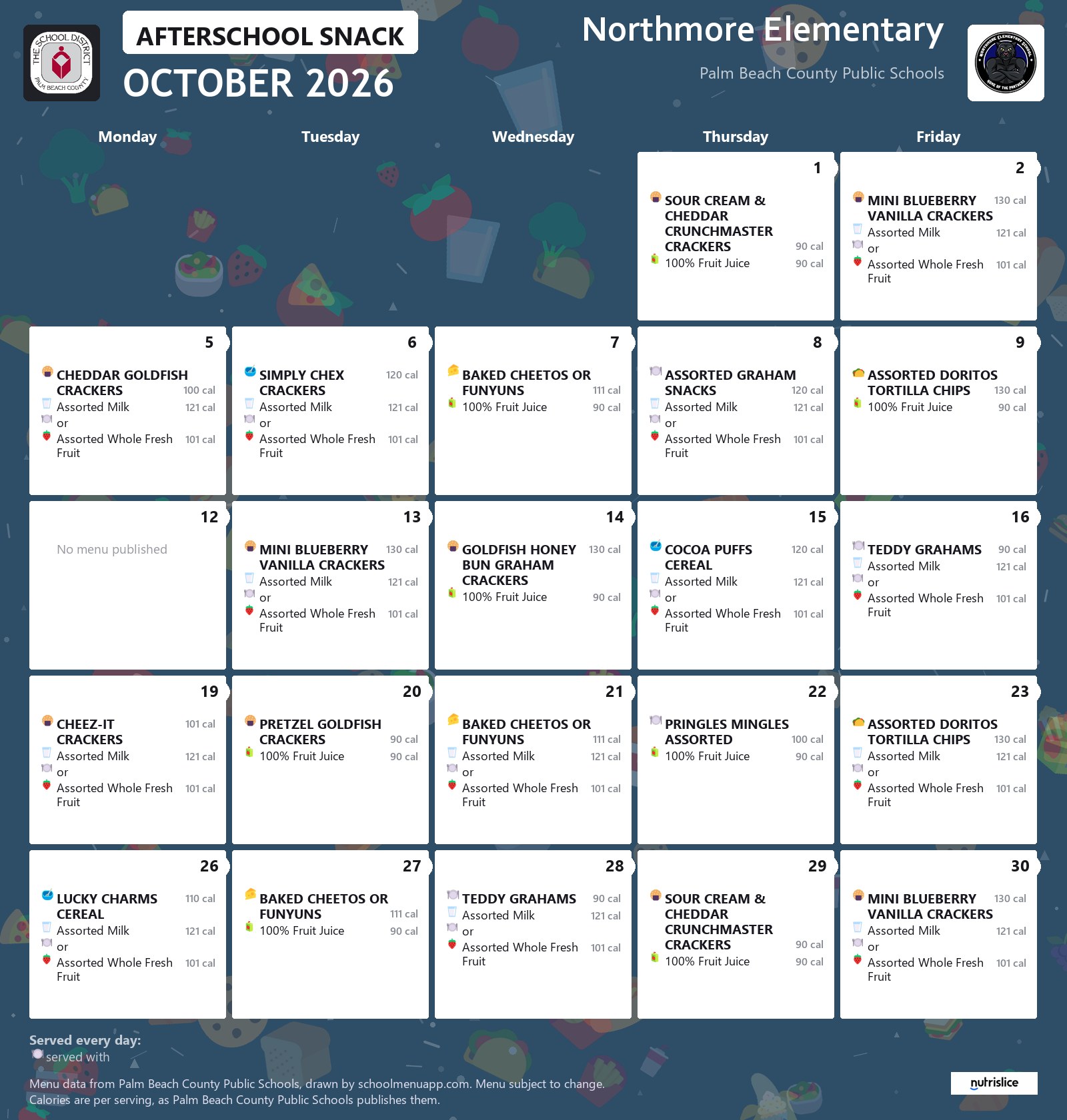 Northmore Elementary afterschool snack menu for October 2026, Palm Beach County Public Schools