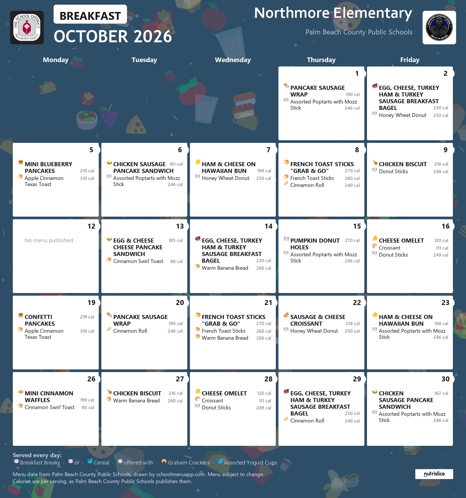 Northmore Elementary breakfast menu for October 2026, Palm Beach County Public Schools