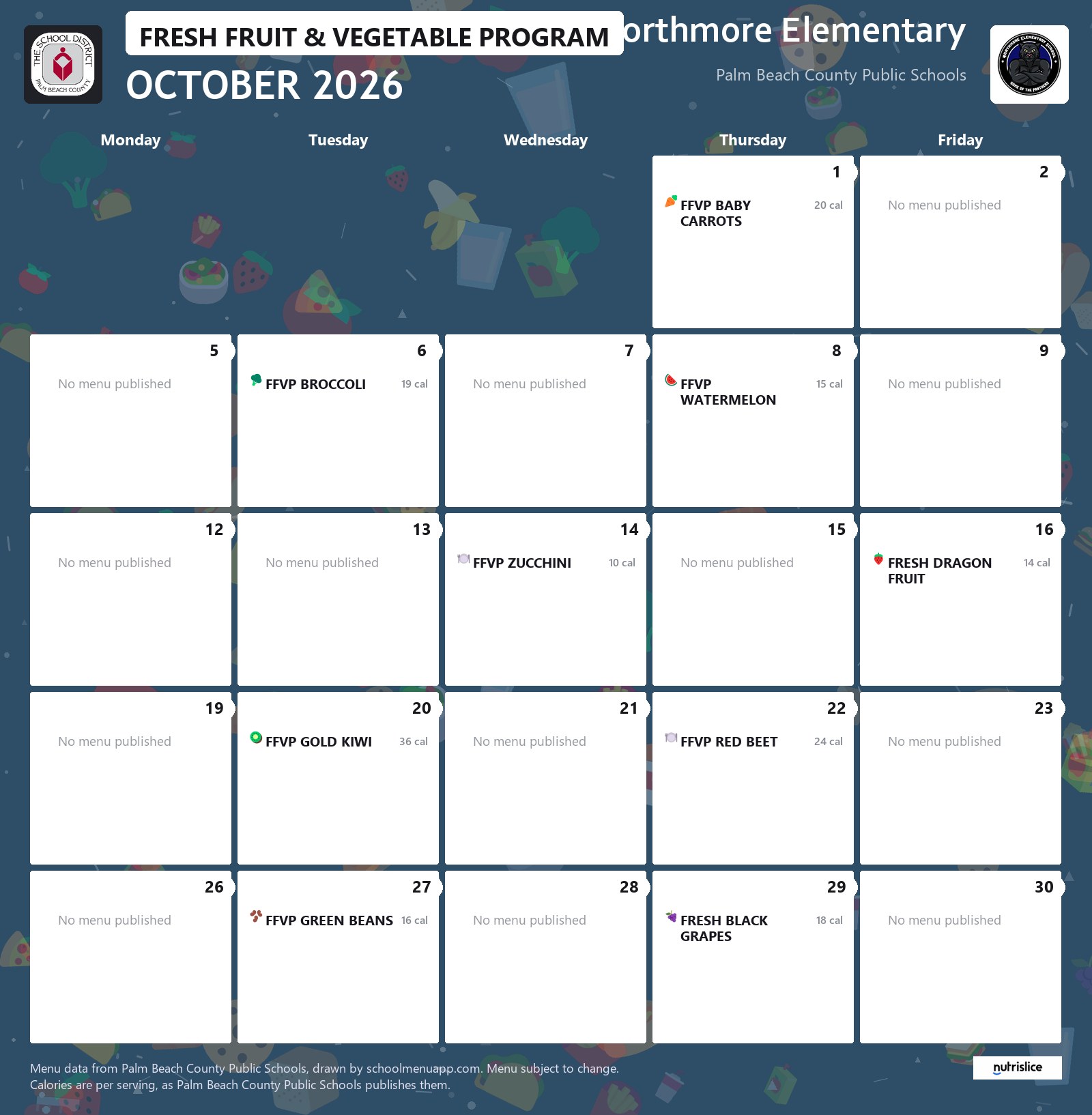 Northmore Elementary fresh fruit & vegetable program menu for October 2026, Palm Beach County Public Schools