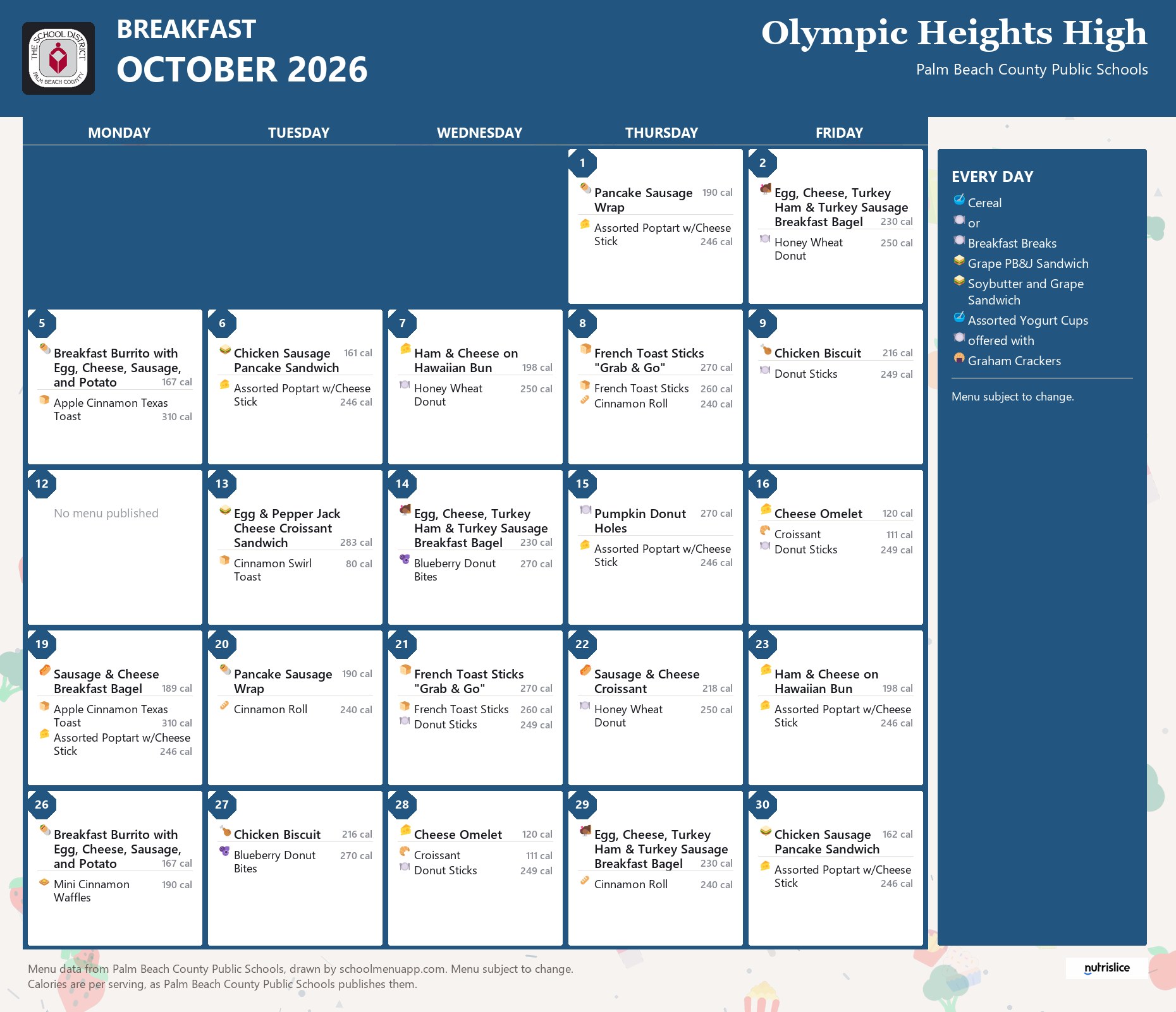 Olympic Heights High breakfast menu for October 2026, Palm Beach County Public Schools