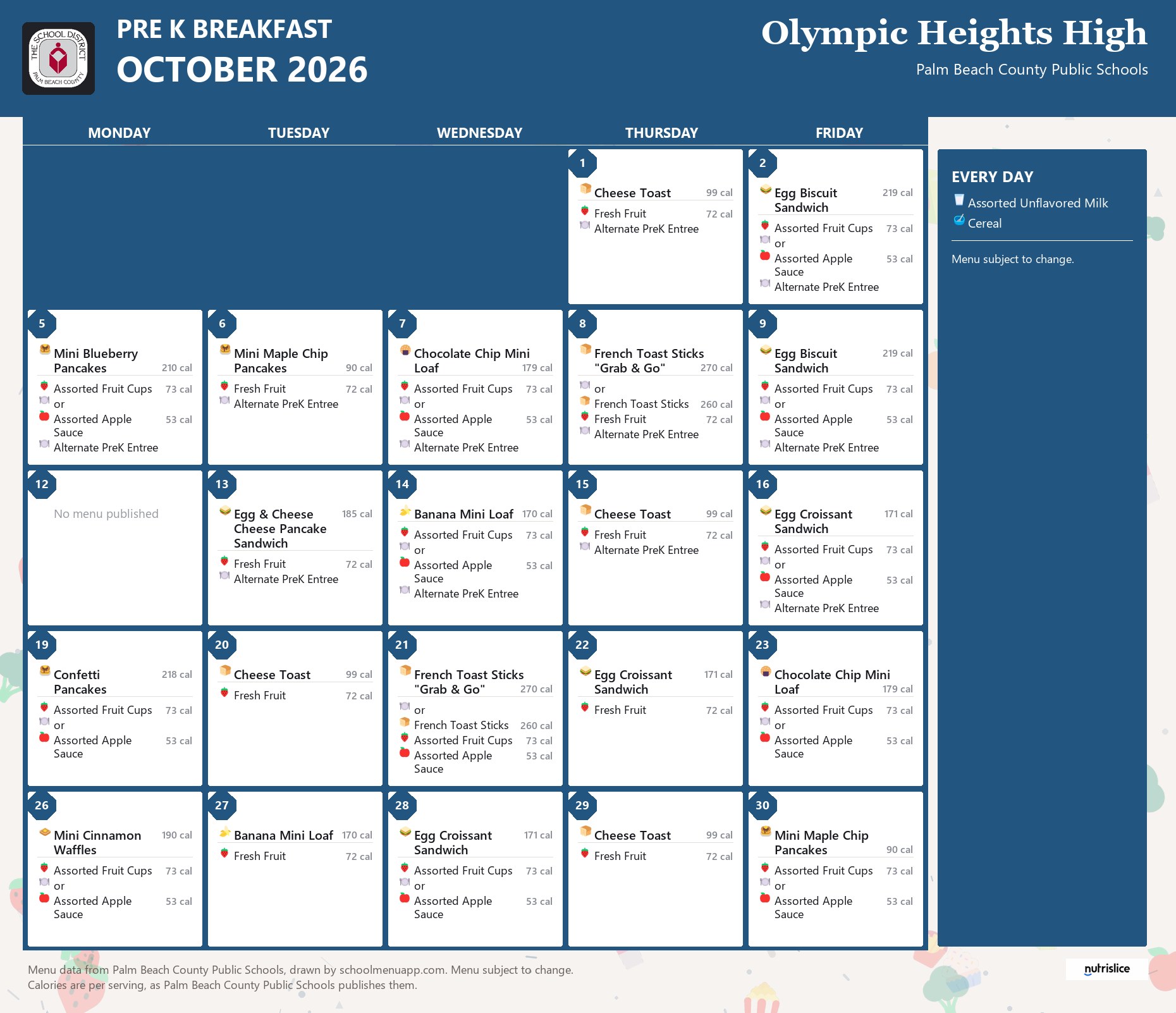 Olympic Heights High pre k breakfast menu for October 2026, Palm Beach County Public Schools