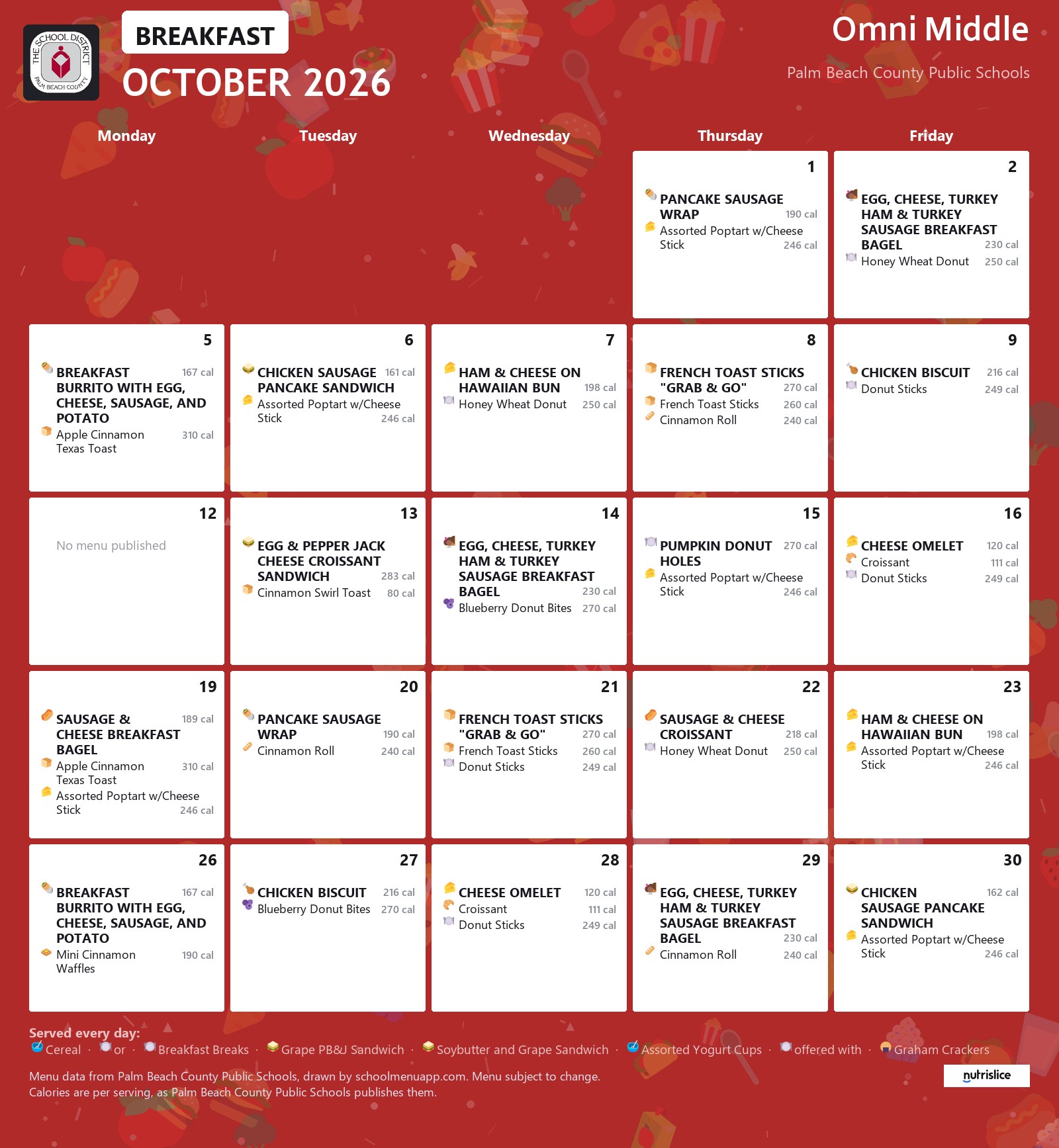 Omni Middle breakfast menu for October 2026, Palm Beach County Public Schools