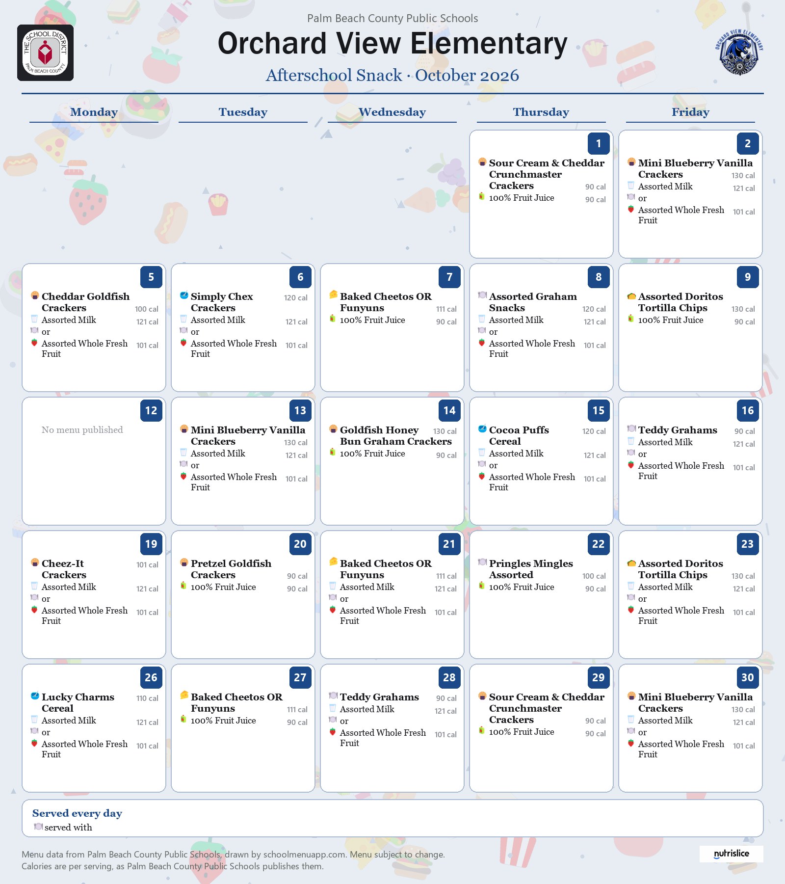 Orchard View Elementary afterschool snack menu for October 2026, Palm Beach County Public Schools