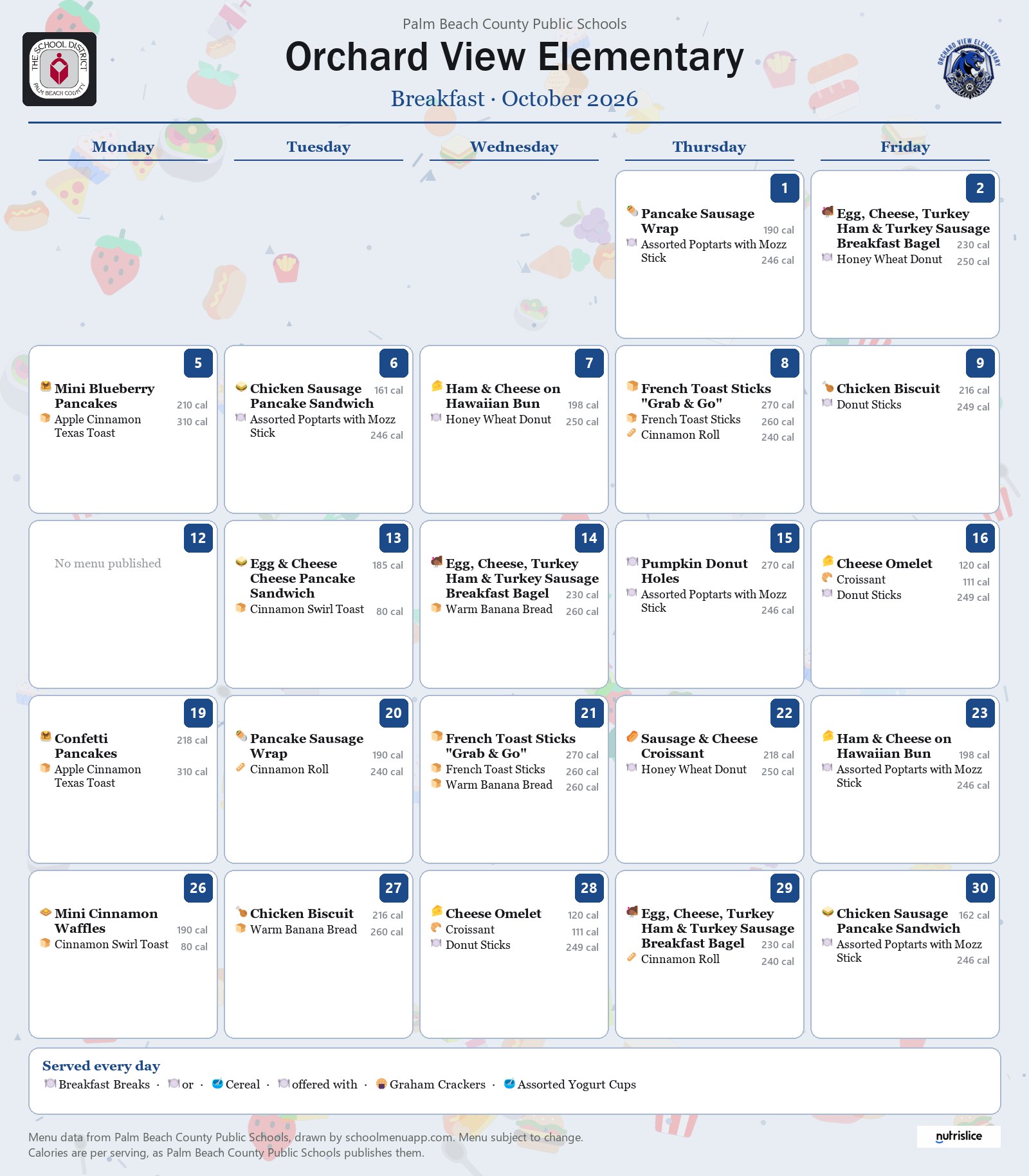 Orchard View Elementary breakfast menu for October 2026, Palm Beach County Public Schools