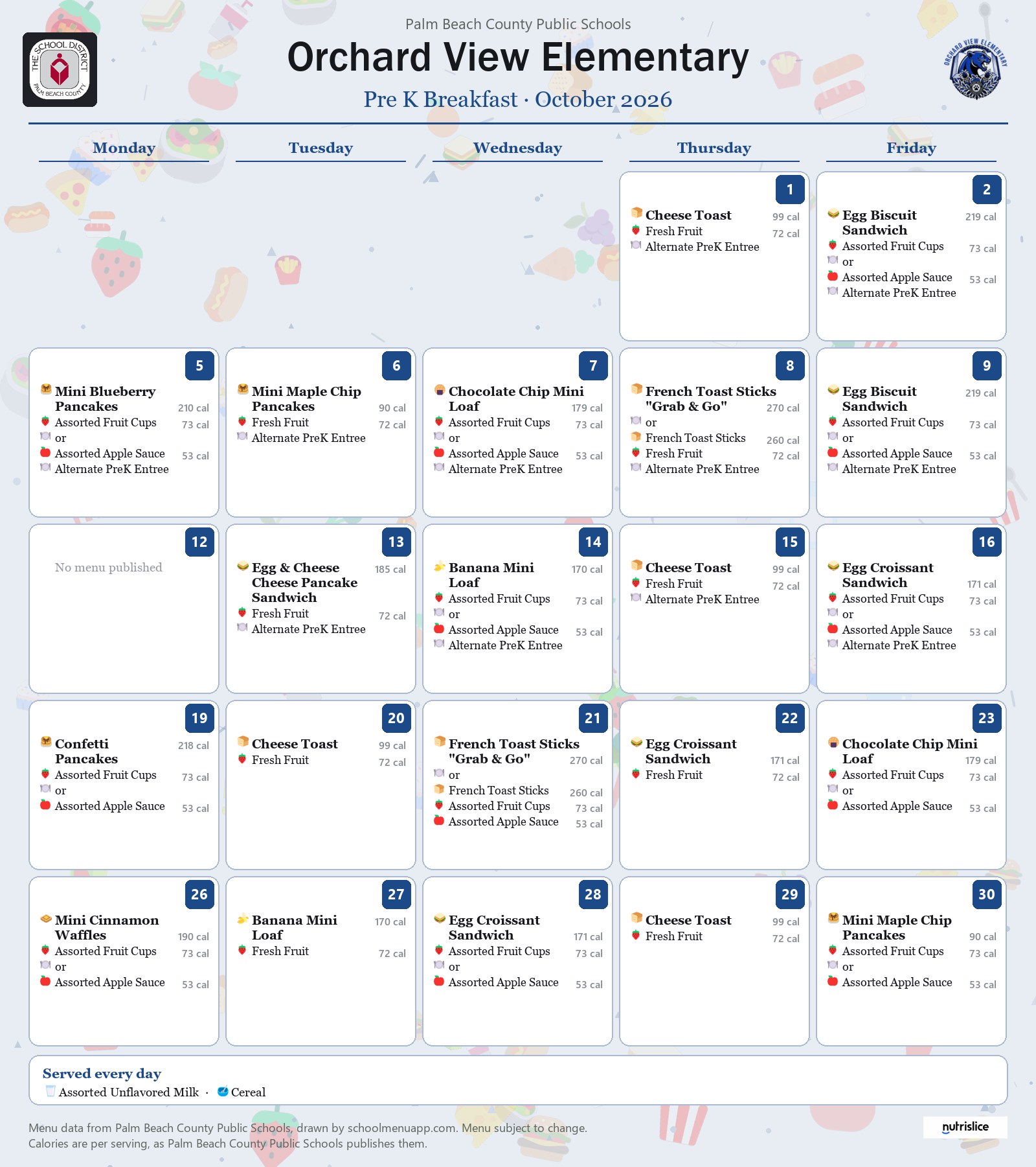 Orchard View Elementary pre k breakfast menu for October 2026, Palm Beach County Public Schools