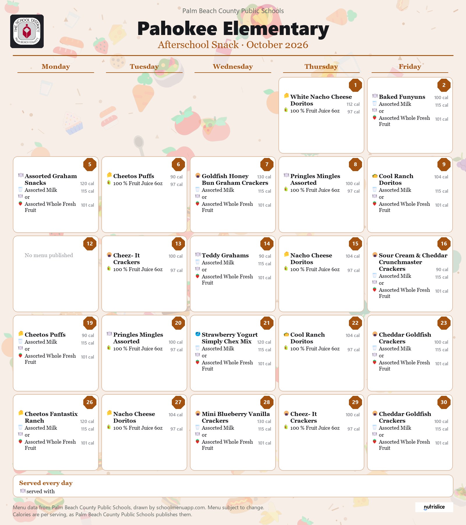 Pahokee Elementary afterschool snack menu for October 2026, Palm Beach County Public Schools